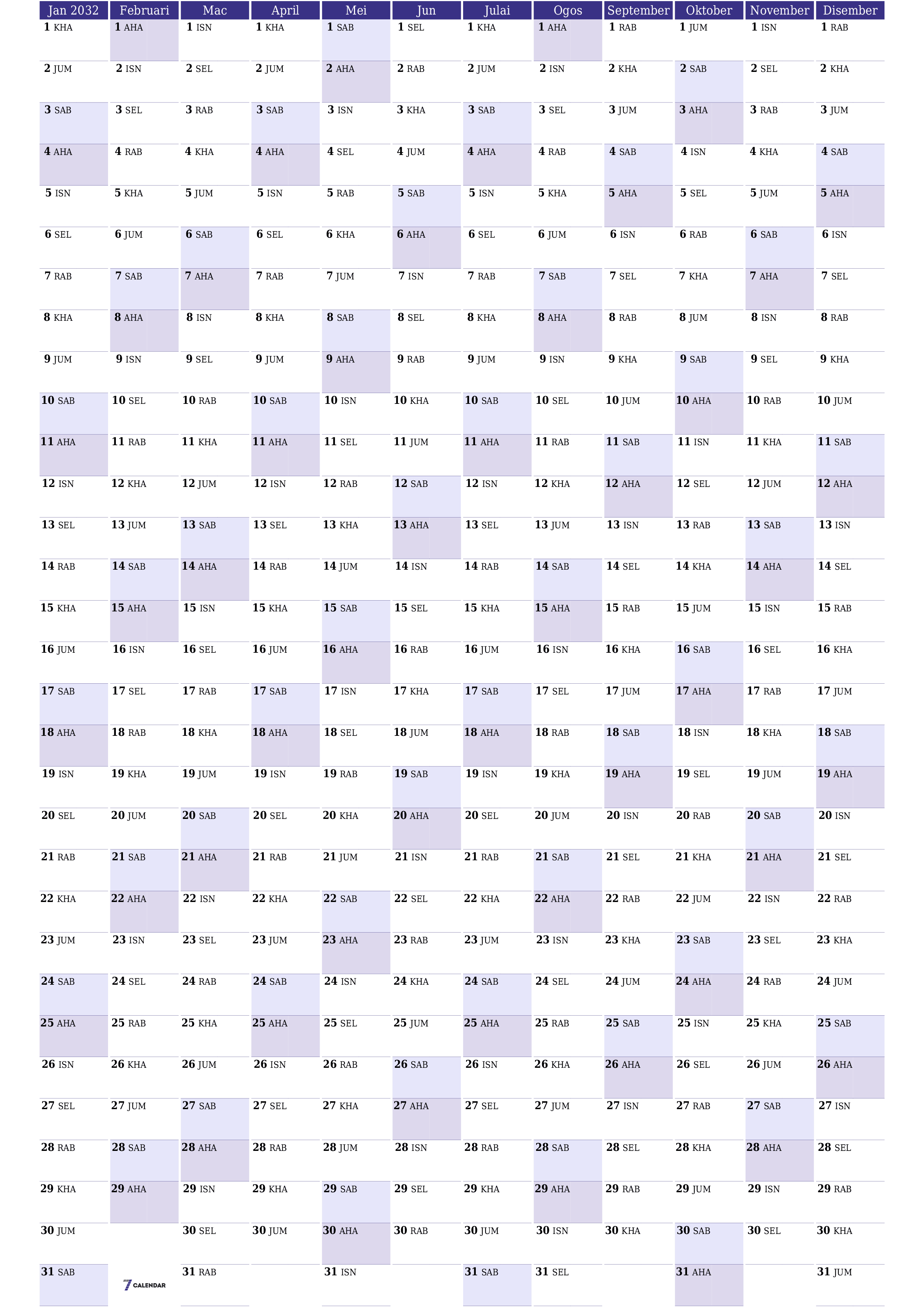 Kalendar perancang tahunan kosong untuk tahun ini 2032 dengan nota, simpan dan cetak ke PDF PNG Malay