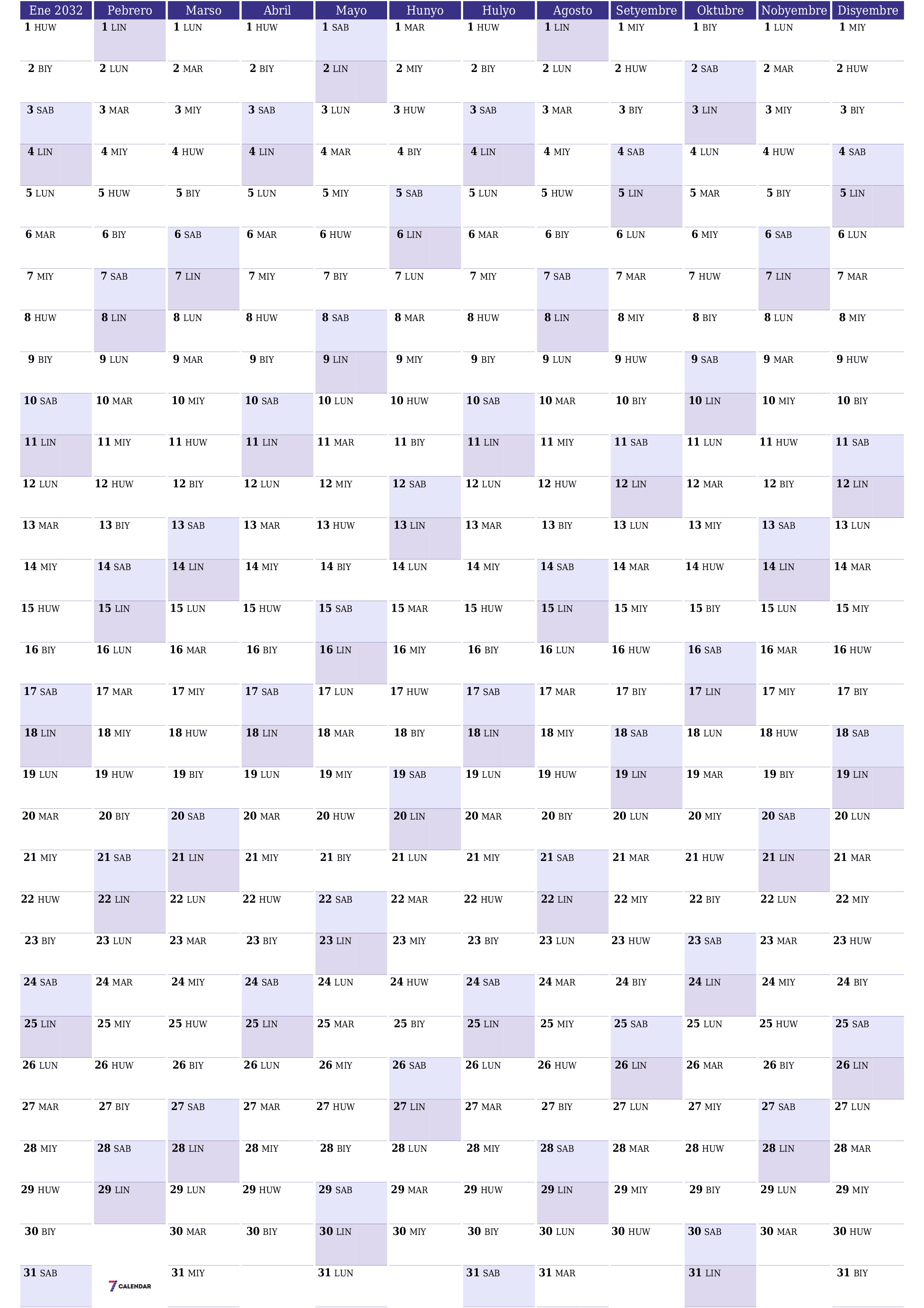 Walang laman ang taunang kalendaryo ng tagaplano para sa taong 2032 na may mga tala, i-save at i-print sa PDF PNG Filipino