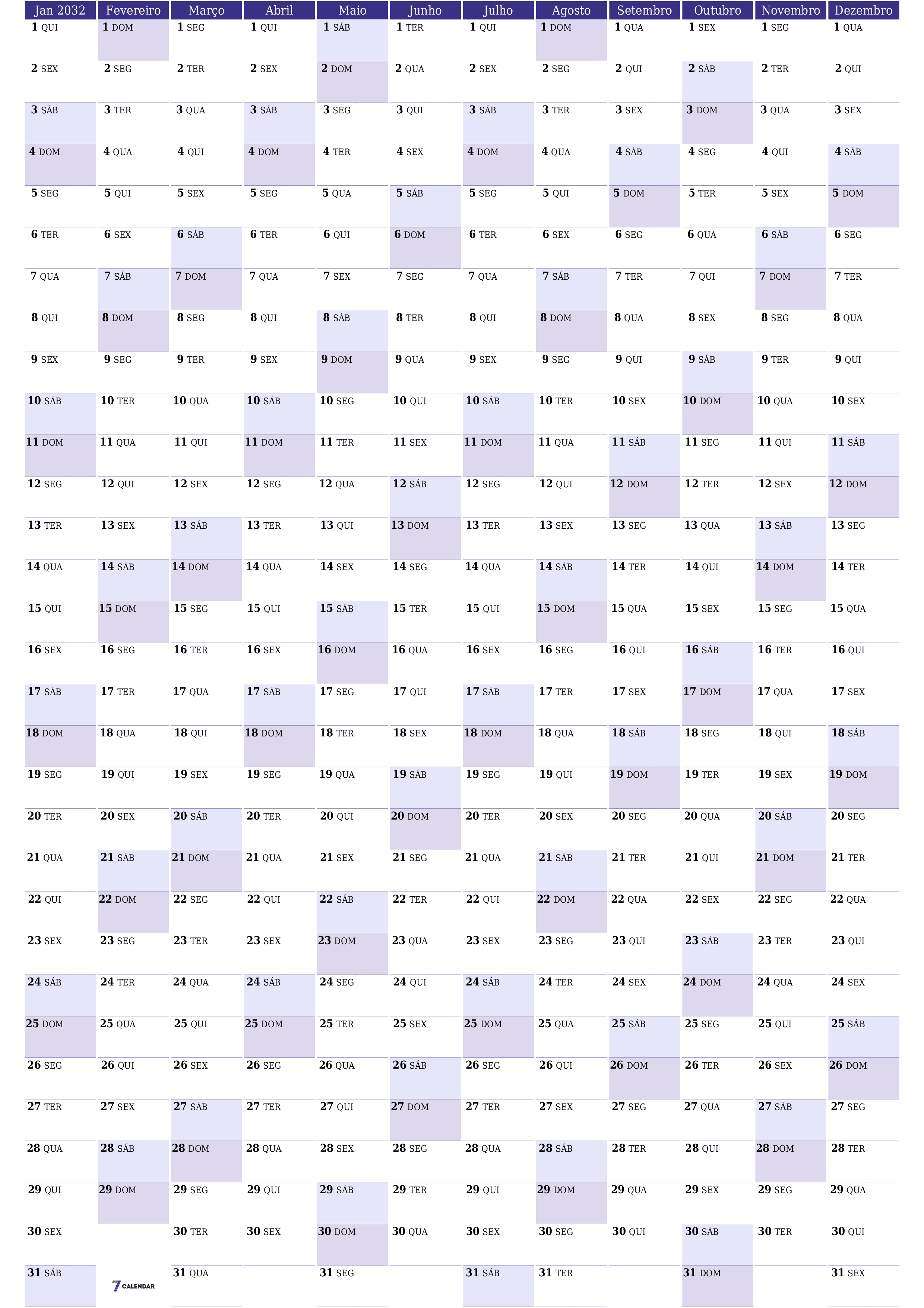 Calendário de planejador anual vazio para o ano 2032 com notas, salve e imprima em PDF PNG Portuguese