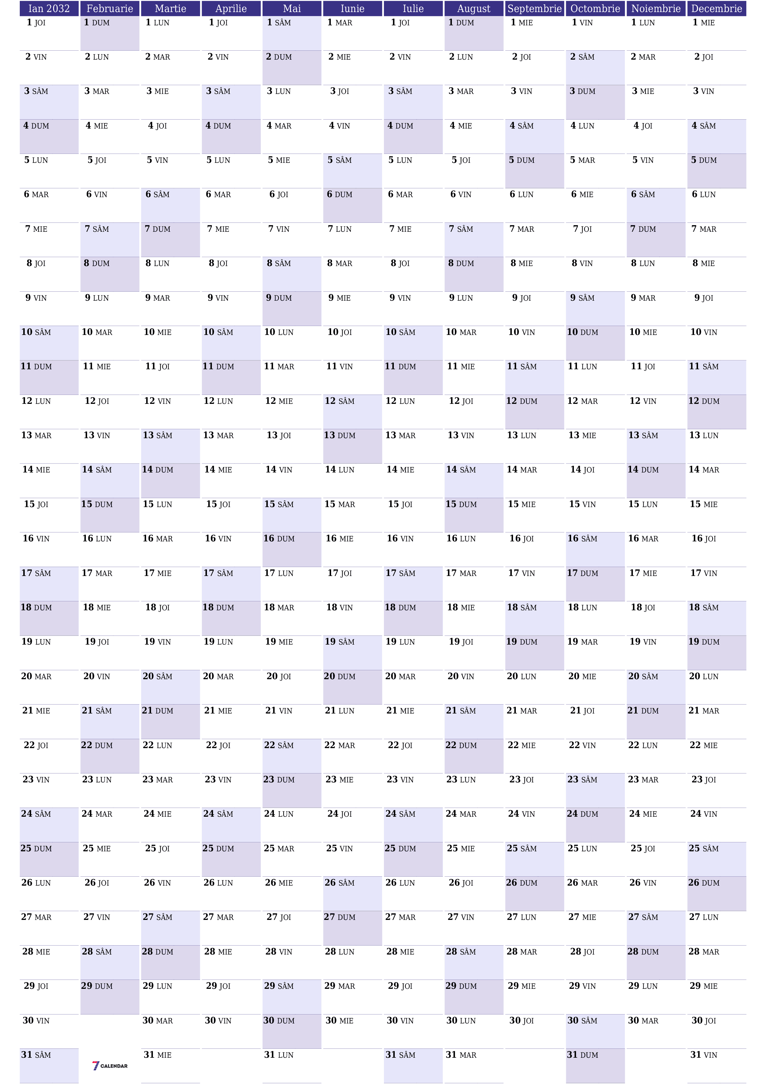 Goliți calendarul anual al planificatorului pentru anul 2032 cu note, salvați și tipăriți în PDF PNG Romanian