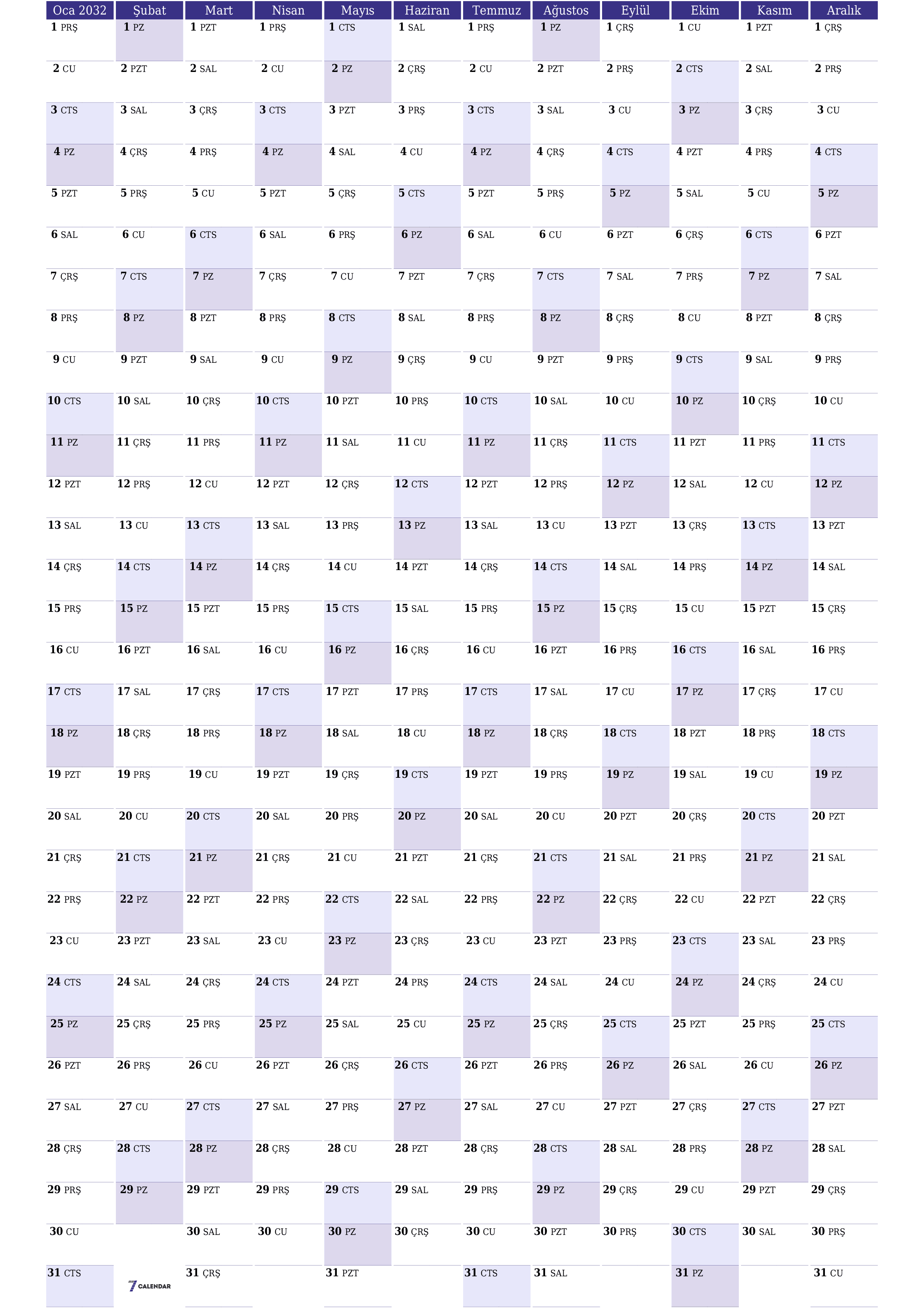 Notlarla 2032 yıl için yıllık planlayıcı takvimini boşaltın, kaydedin ve PDF olarak yazdırın PNG Turkish