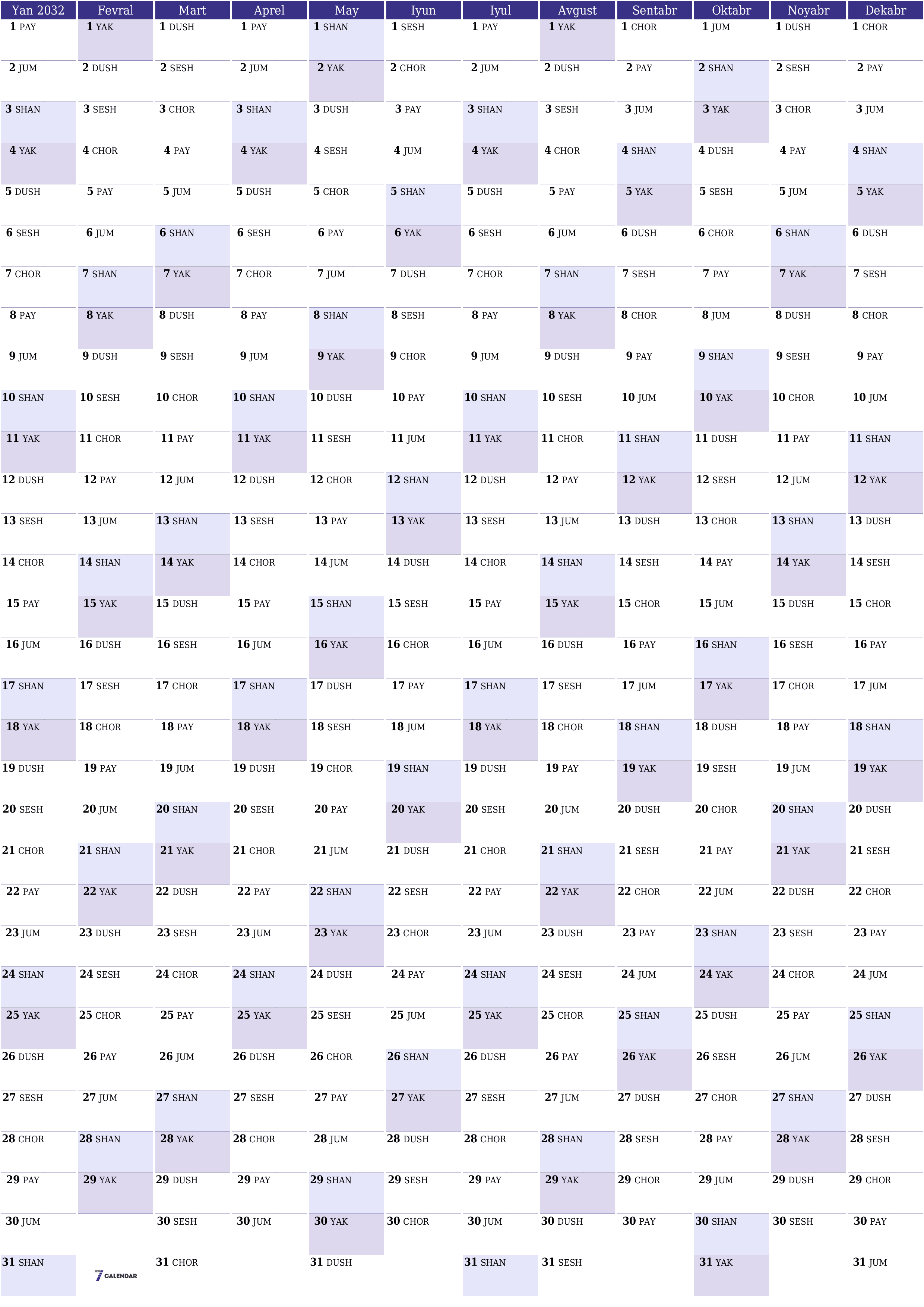 Bo'sh yillik rejalashtiruvchi taqvim 2032 yil, qaydlar bilan saqlang va PDF-ga chop eting PNG Uzbek