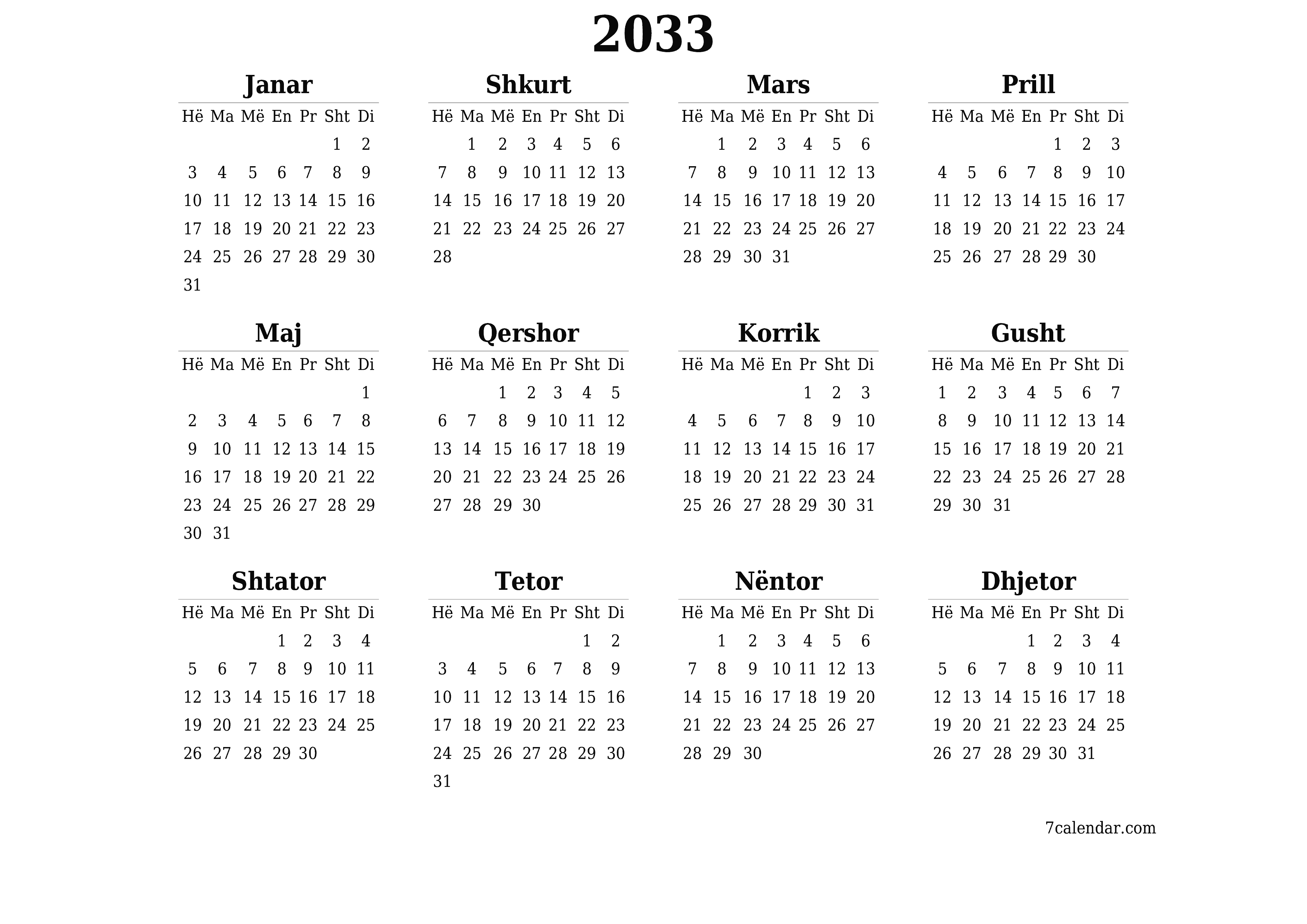 Planifikuesi bosh i kalendarit vjetor për vitin 2033 me shënime, ruani dhe printoni në PDF PNG Albanian