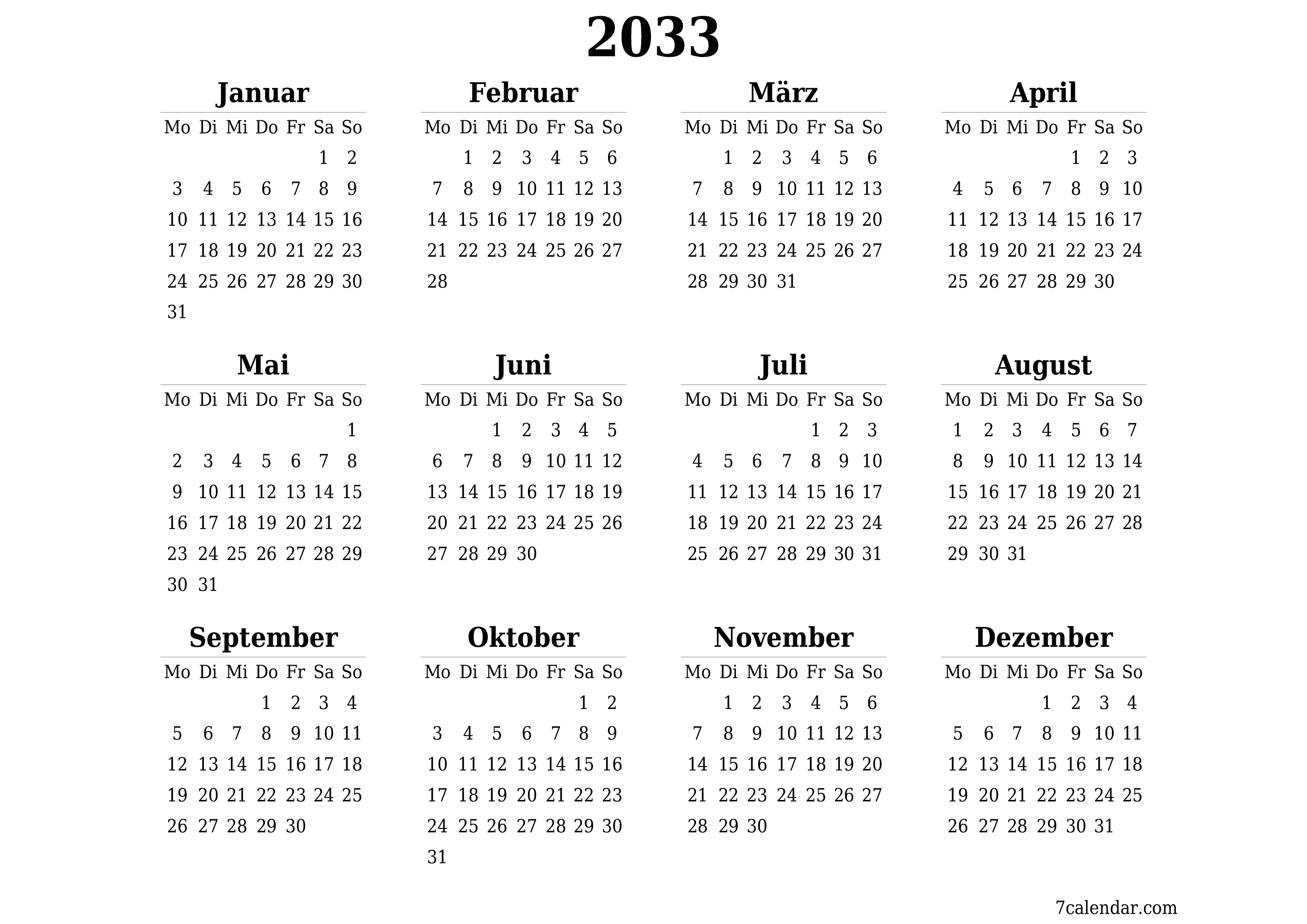 Jahresplanerkalender für das Jahr 2033 mit Notizen leeren, speichern und als PDF PNG German - 7calendar.com drucken