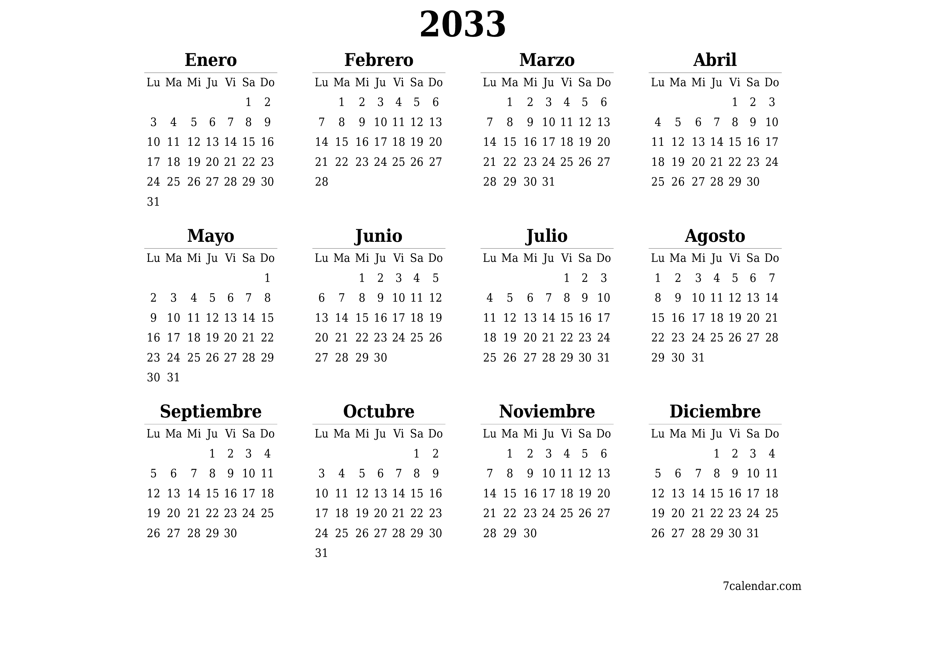 Calendario planificador anual vacío para el año 2033 con notas, guardar e imprimir en PDF PNG Spanish