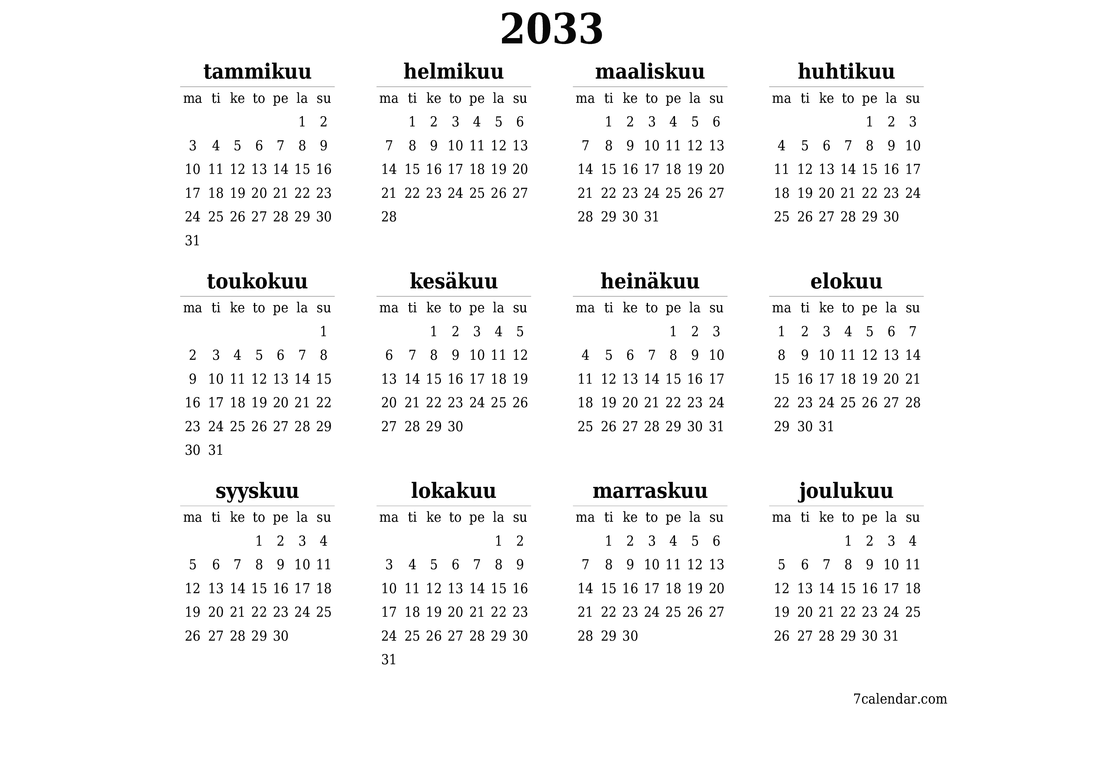 Tyhjä vuosisuunnittelukalenteri vuodelle 2033 muistiinpanoilla, tallenna ja tulosta PDF-muotoon PNG Finnish