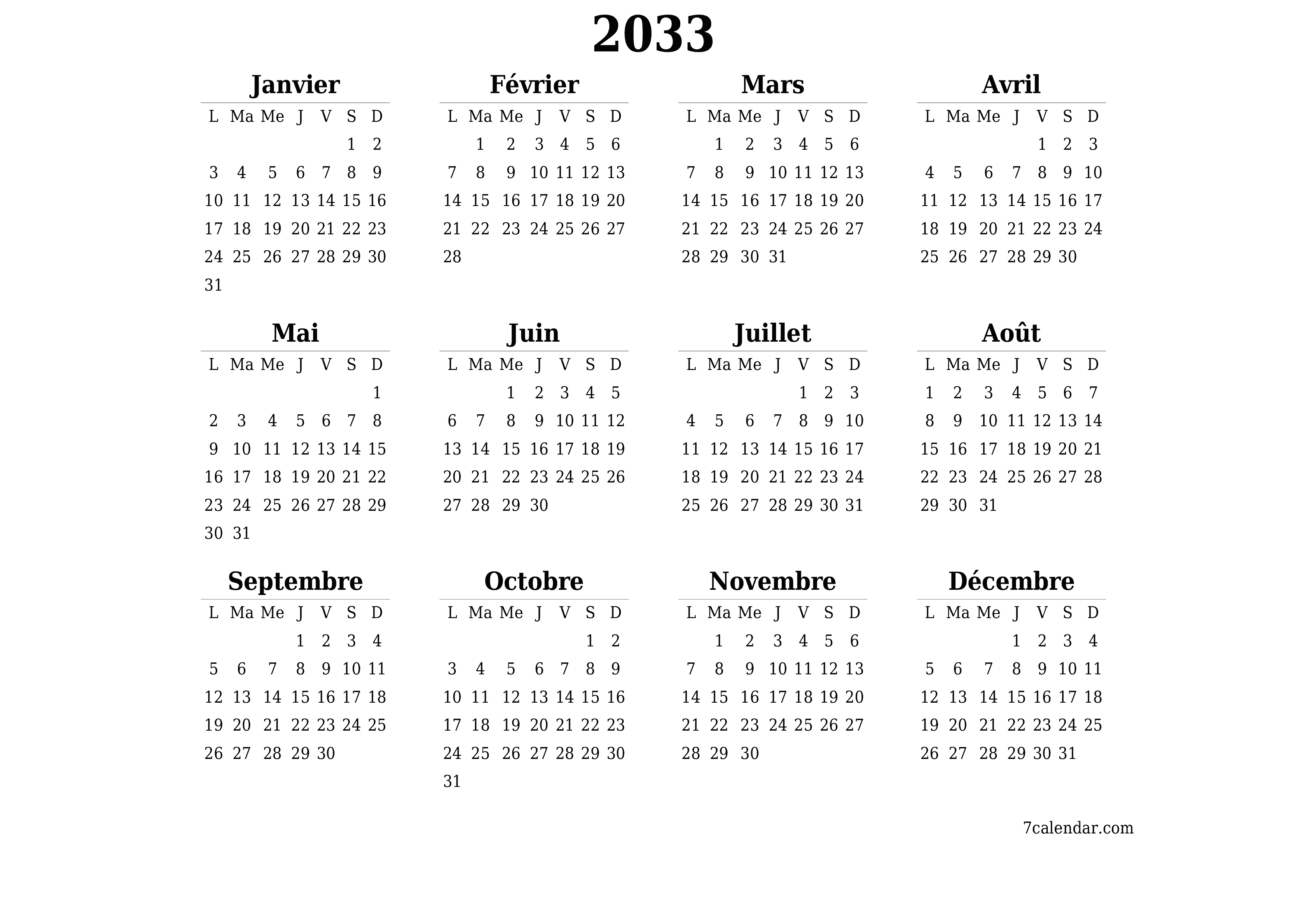 Calendrier annuel vide pour l'année 2033 avec notes, enregistrer et imprimer au format PDF PNG French