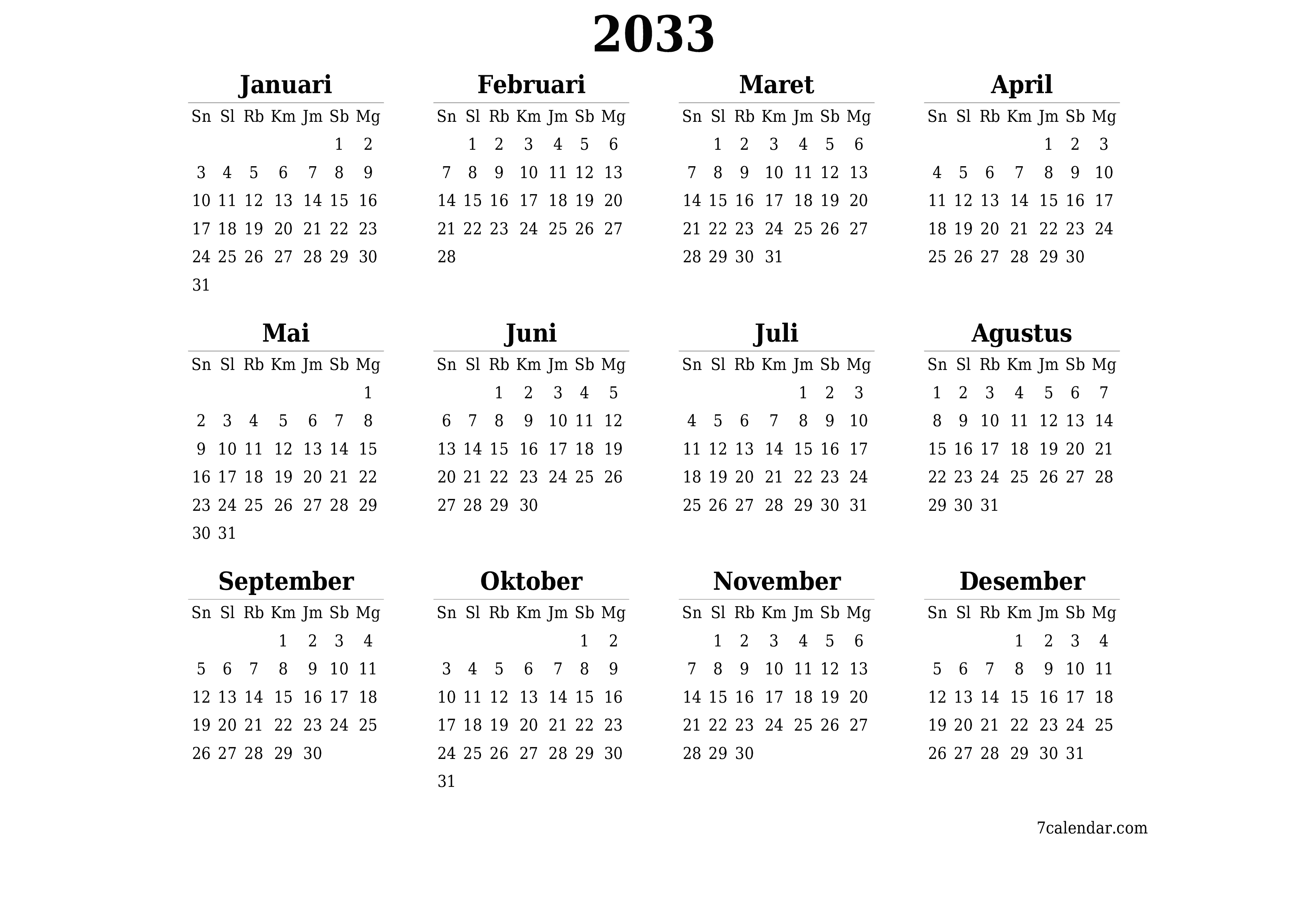 Kosongkan kalender perencana tahunan untuk tahun ini 2033 dengan catatan, simpan dan cetak ke PDF PNG Indonesian