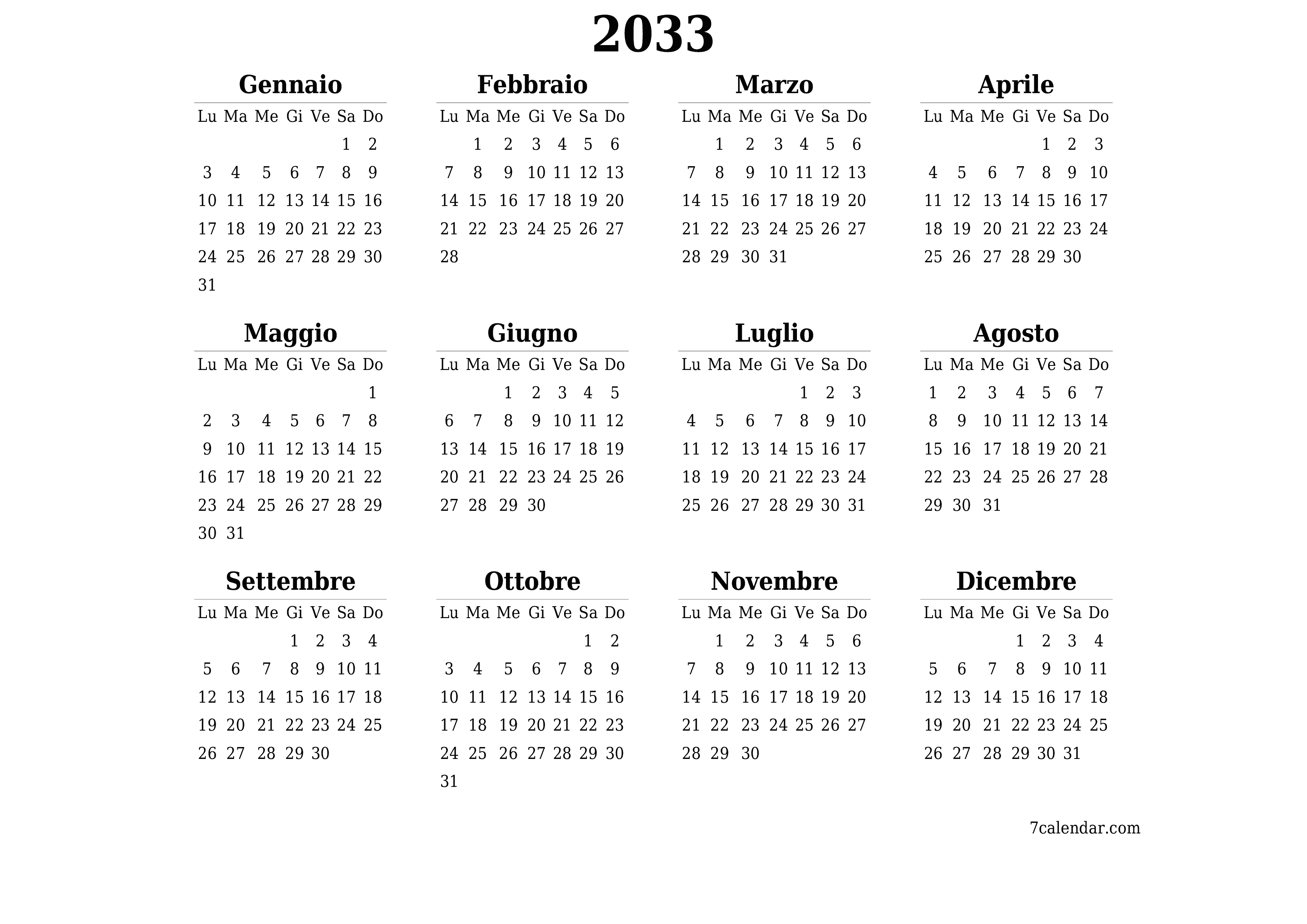 Calendario pianificatore annuale vuoto per l'anno 2033 con note, salva e stampa in PDF PNG Italian