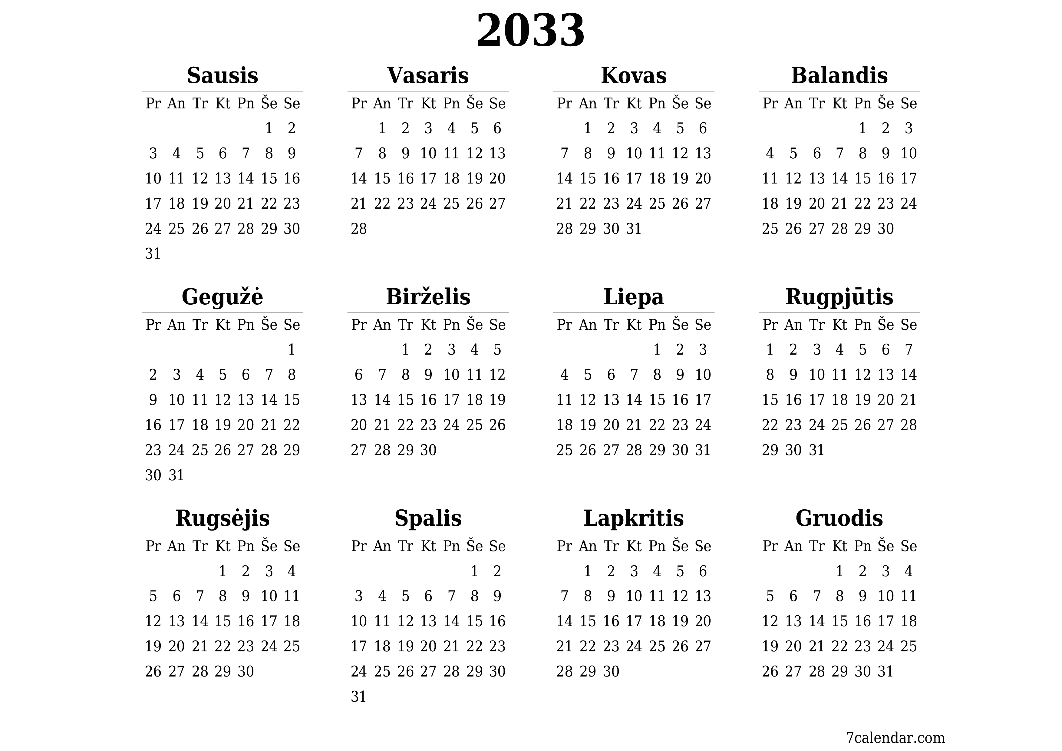 Tuščias metų planavimo kalendorius 2033 su užrašais, išsaugokite ir atsispausdinkite PDF formatu PNG Lithuanian