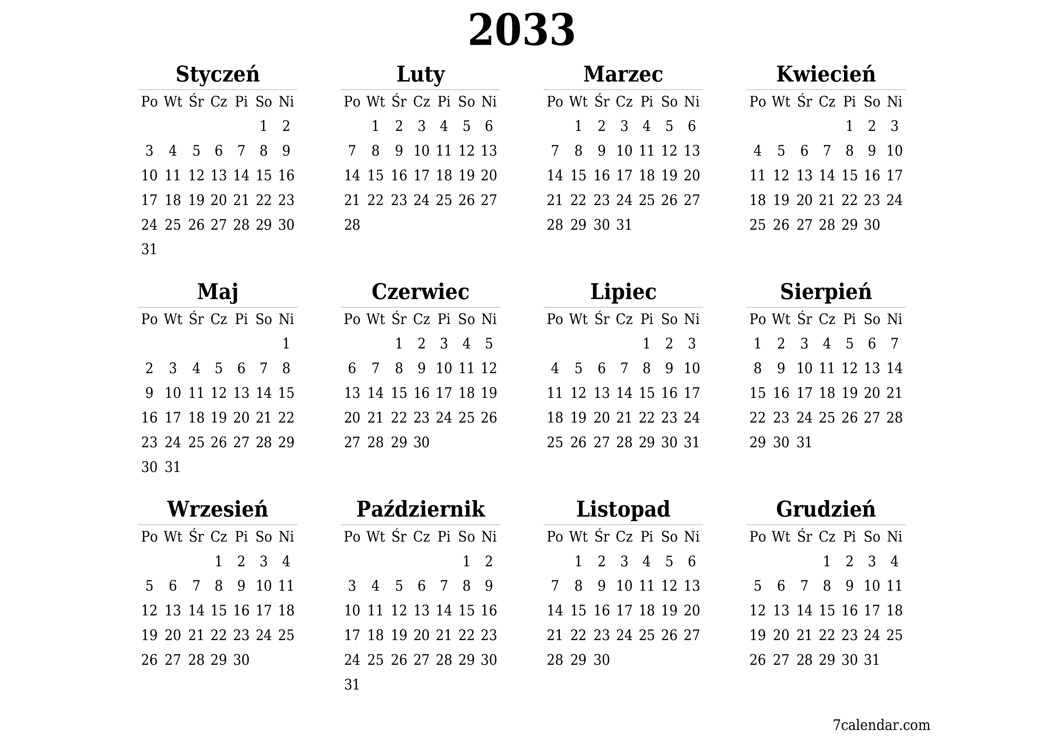 Opróżnij kalendarz rocznego planowania na rok 2033 z notatkami, zapisz i wydrukuj w formacie PDF PNG Polish