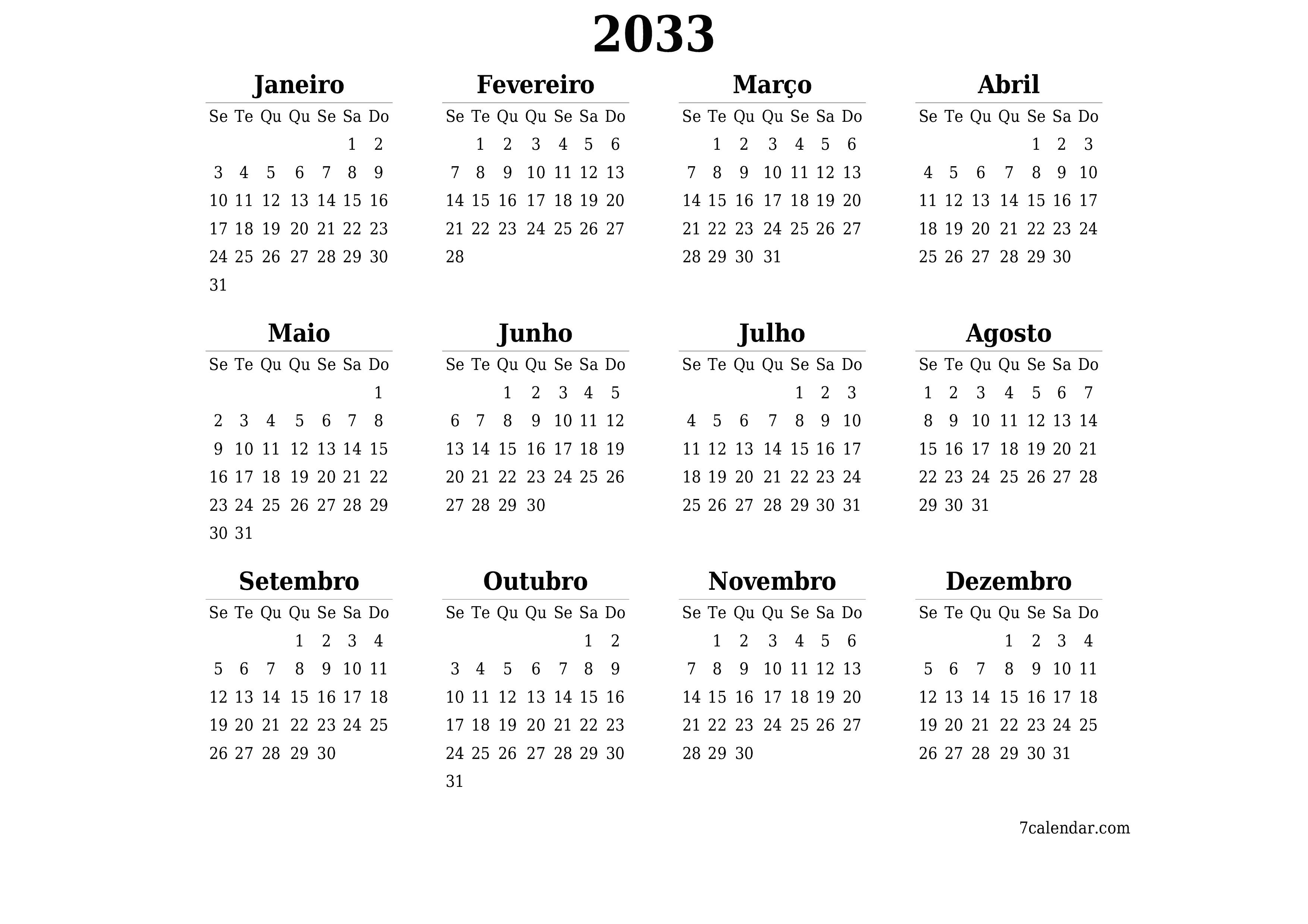 Calendário de planejador anual vazio para o ano 2033 com notas, salve e imprima em PDF PNG Portuguese