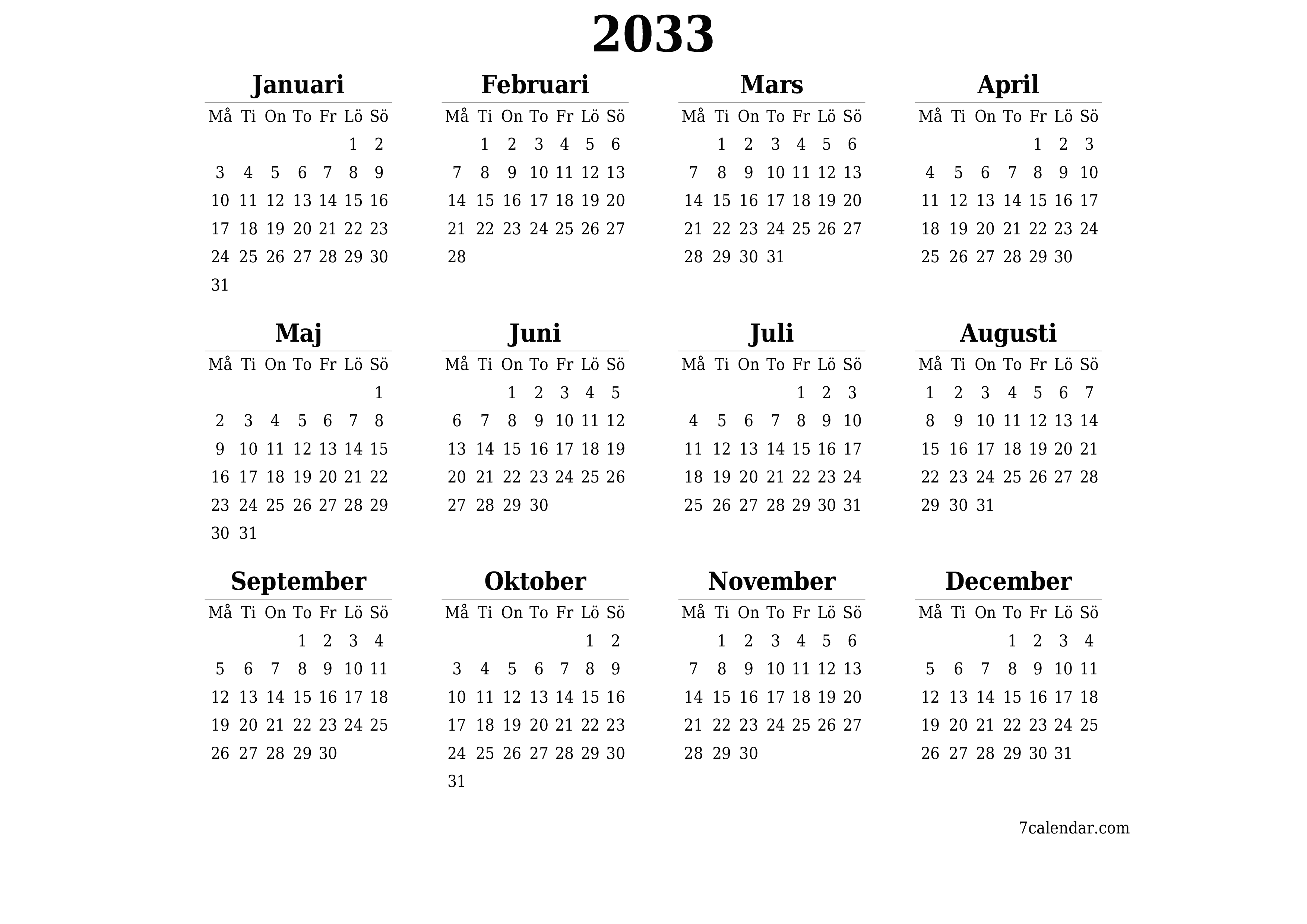 Tom årlig planeringskalender för året 2033 med anteckningar, spara och skriv ut till PDF PNG Swedish