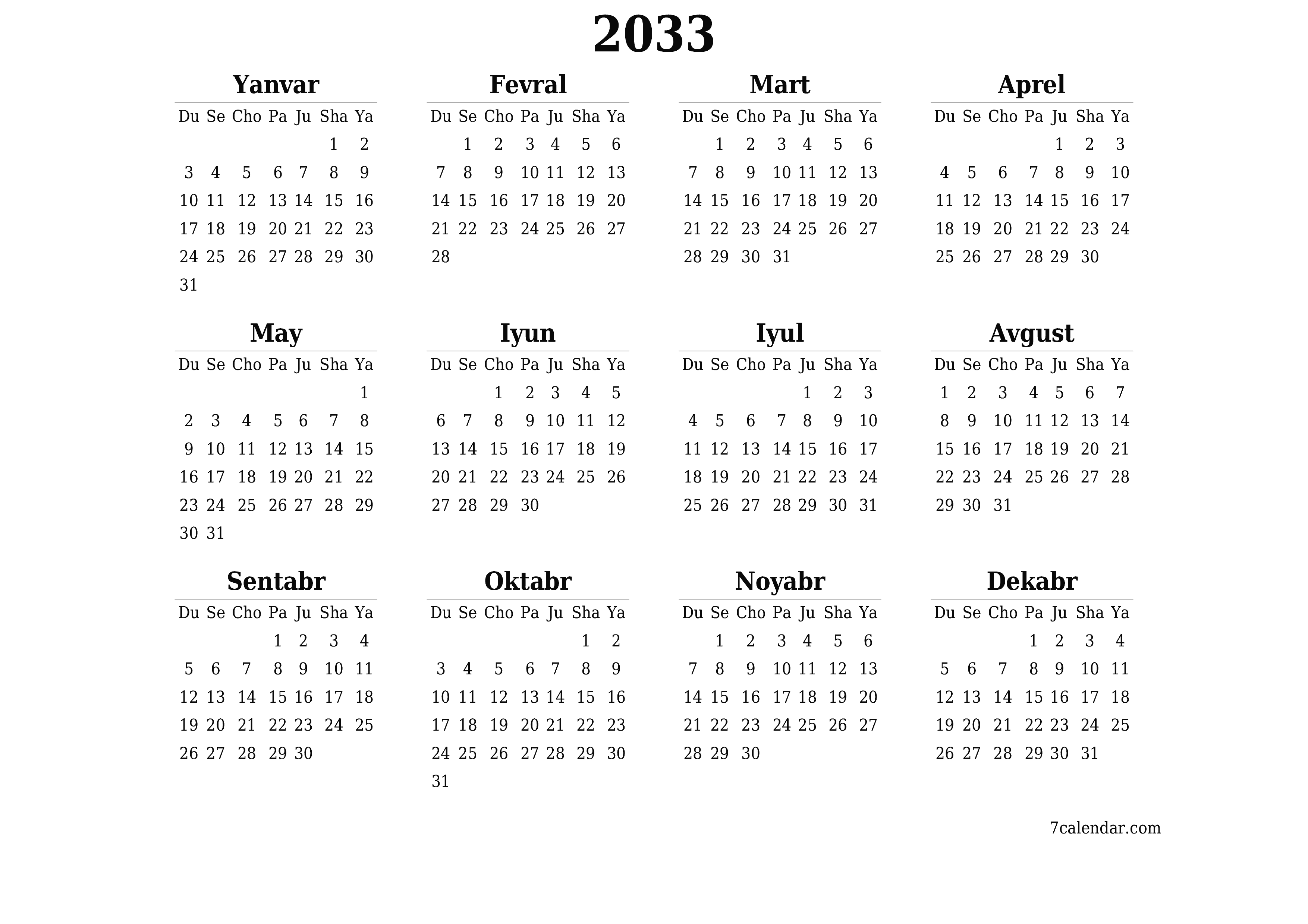 Bo'sh yillik rejalashtiruvchi taqvim 2033 yil, qaydlar bilan saqlang va PDF-ga chop eting PNG Uzbek
