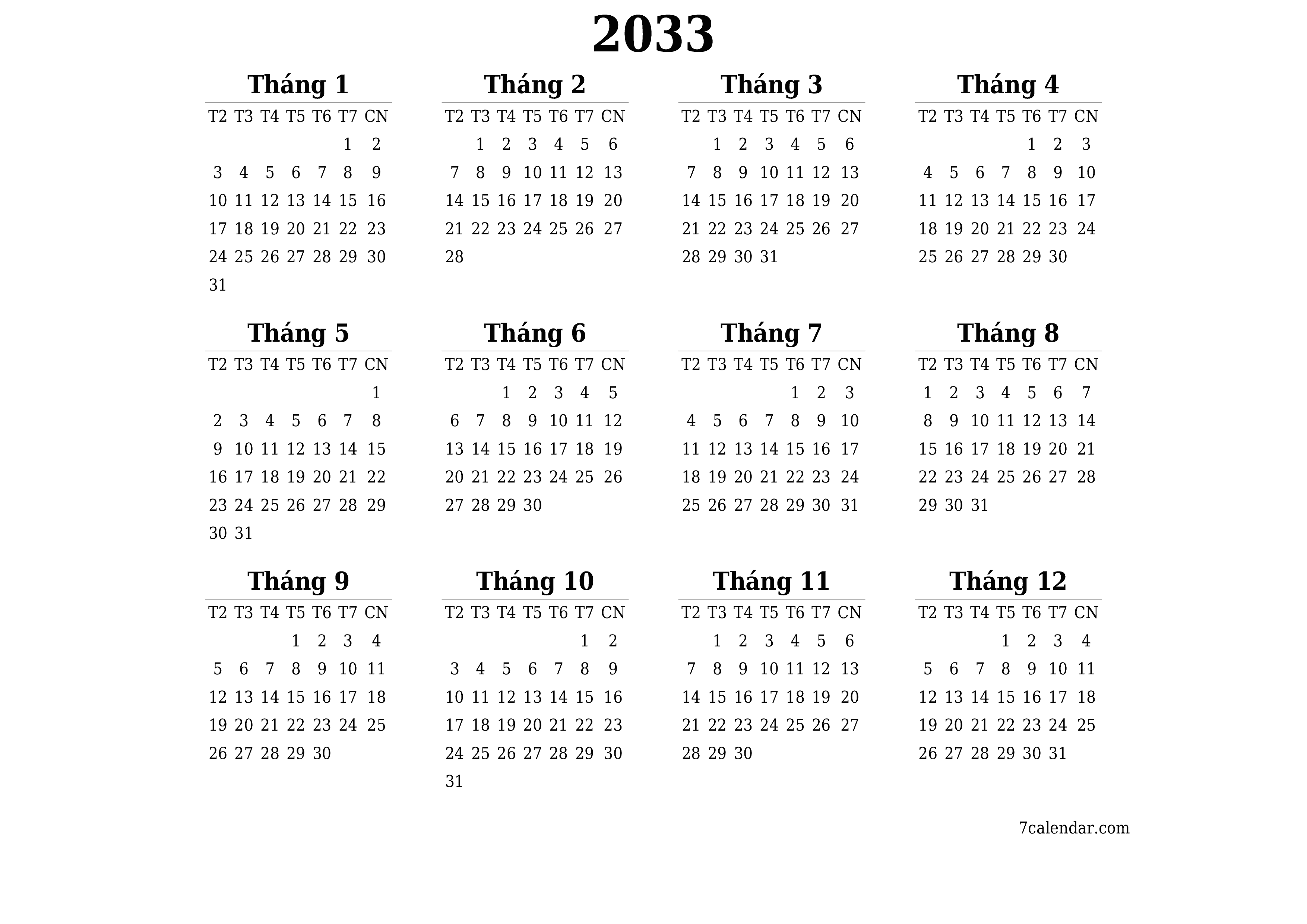 Lịch kế hoạch hàng năm trống cho năm 2033 có ghi chú, lưu và in sang PDF PNG Vietnamese