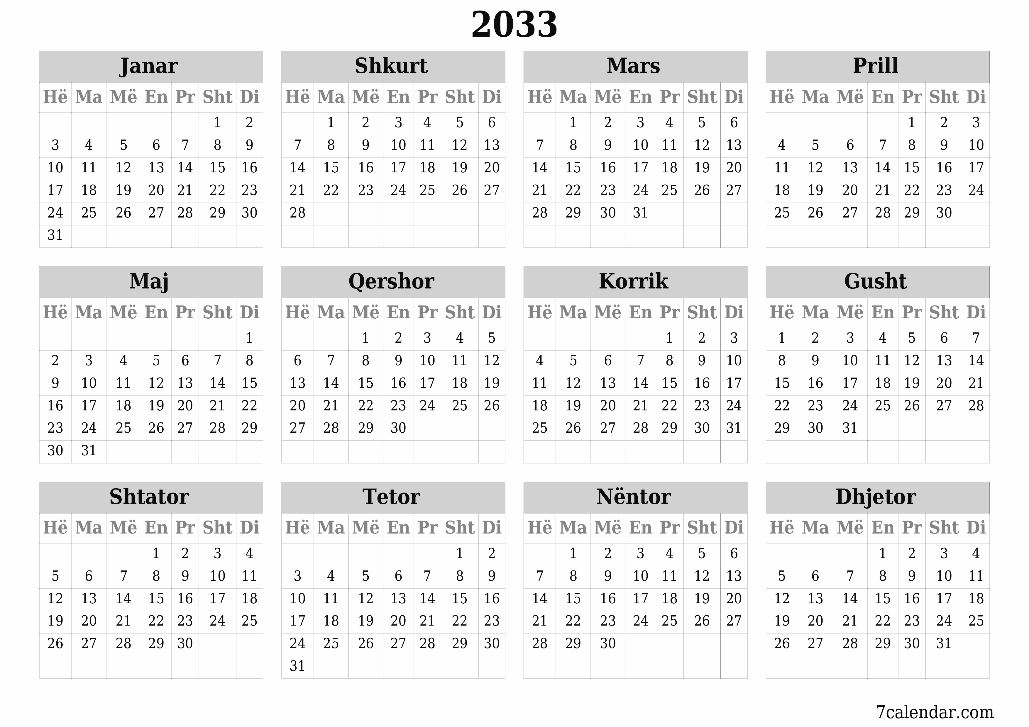 Planifikuesi bosh i kalendarit vjetor për vitin 2033 me shënime, ruani dhe printoni në PDF PNG Albanian