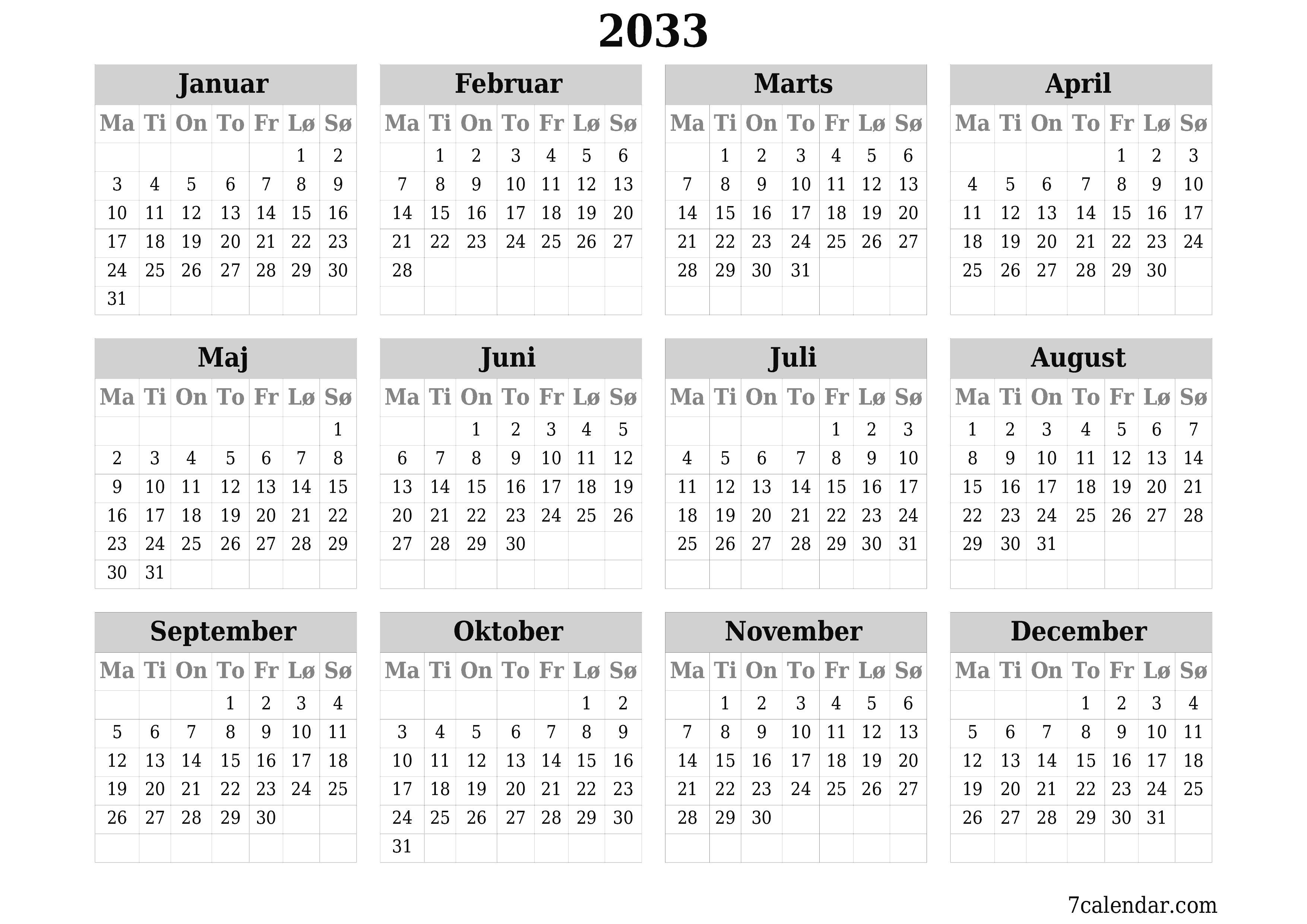 Tom årlig planlægningskalender for året 2033 med noter, gem og udskriv til PDF PNG Danish