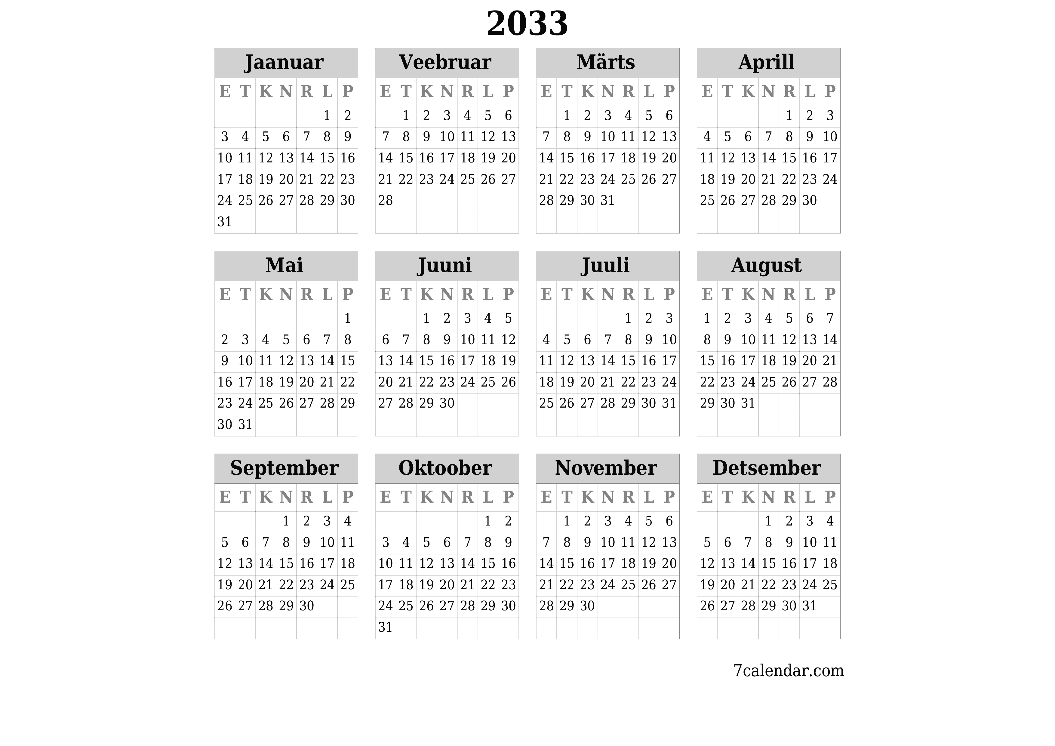 Tühi aasta planeerija kalender aastaks 2033 koos märkmetega, salvestage ja printige PDF-i PNG Estonian