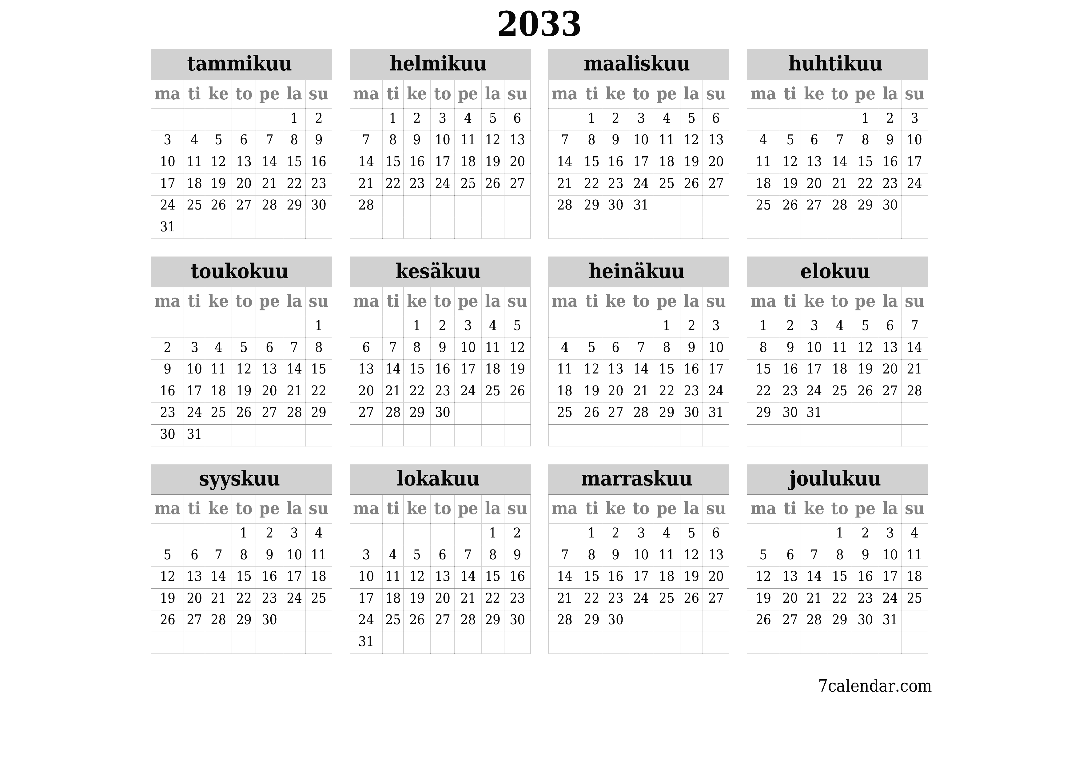 Tyhjä vuosisuunnittelukalenteri vuodelle 2033 muistiinpanoilla, tallenna ja tulosta PDF-muotoon PNG Finnish