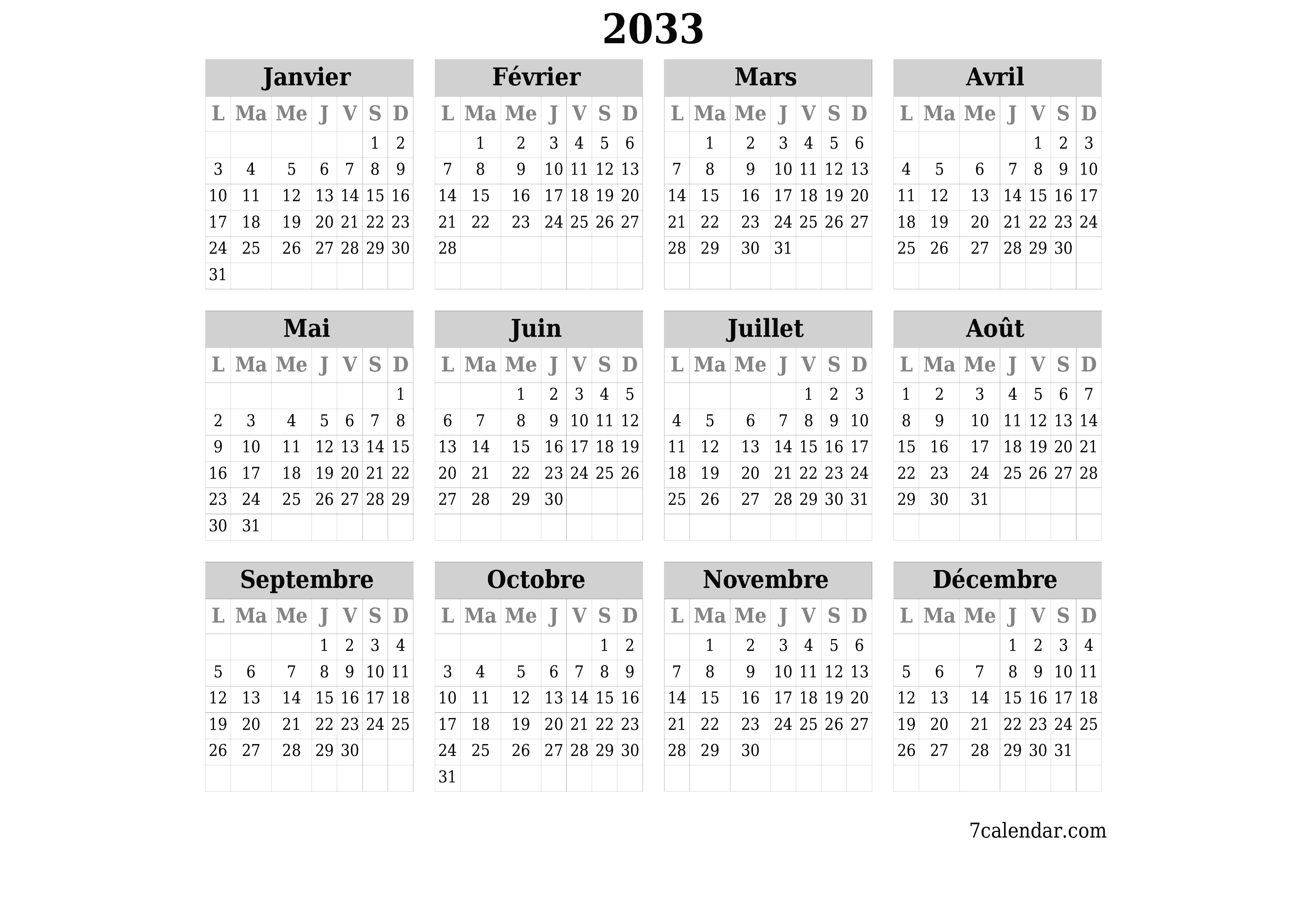 Calendrier annuel vide pour l'année 2033 avec notes, enregistrer et imprimer au format PDF PNG French