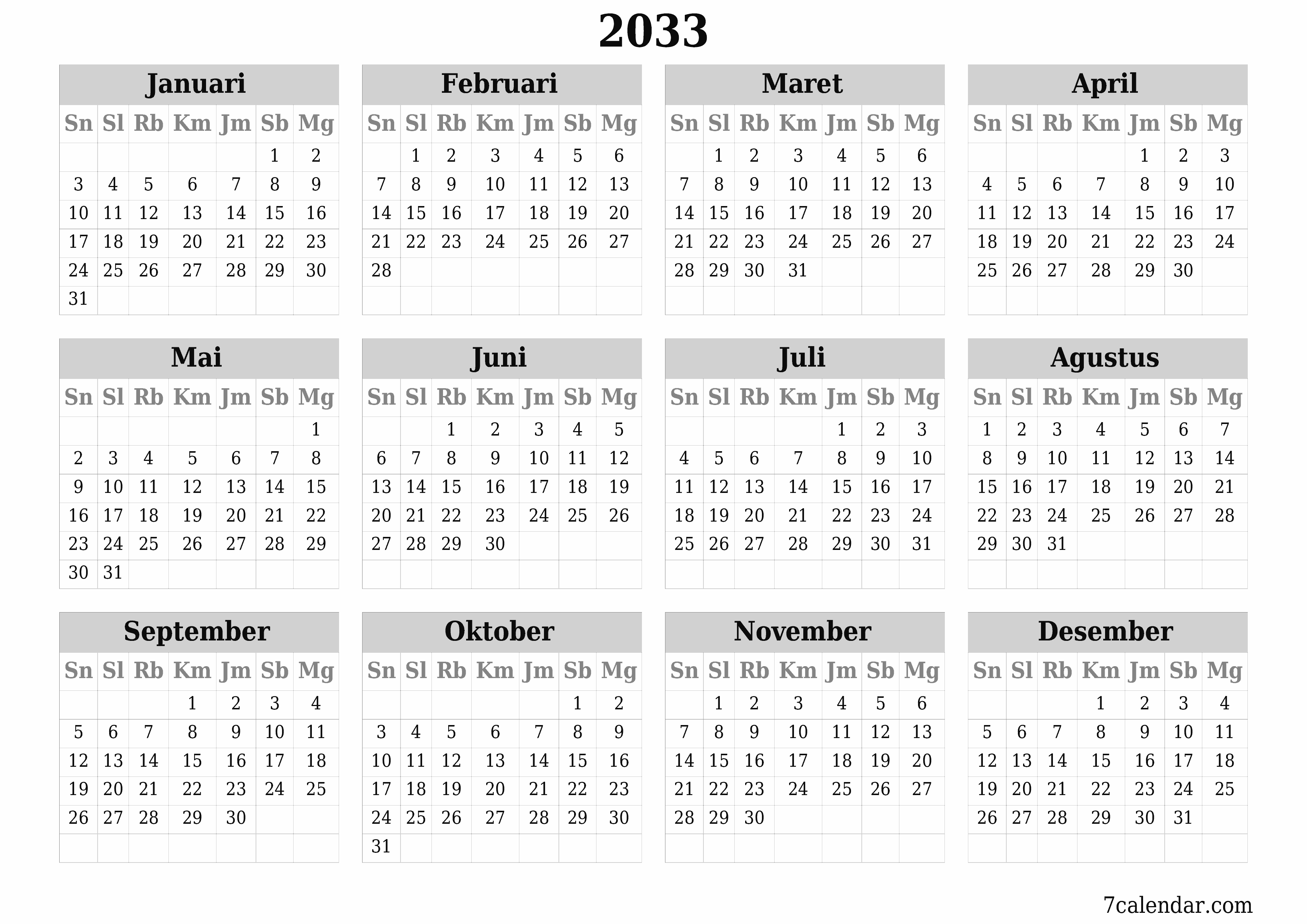 Kosongkan kalender perencana tahunan untuk tahun ini 2033 dengan catatan, simpan dan cetak ke PDF PNG Indonesian