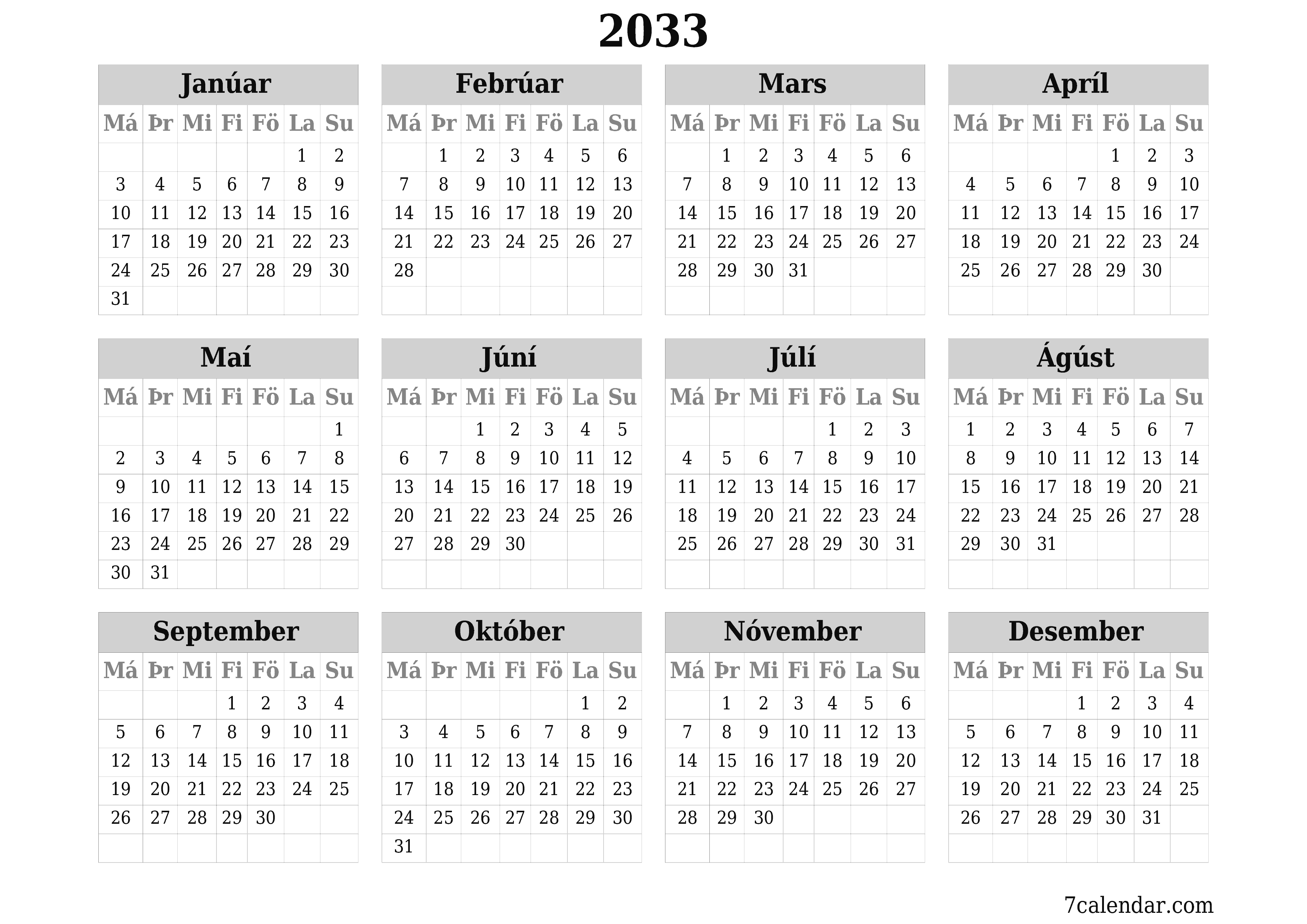 Tómt árlegt dagatal skipuleggjanda fyrir árið 2033 með athugasemdum, vista og prenta á PDF PNG Icelandic