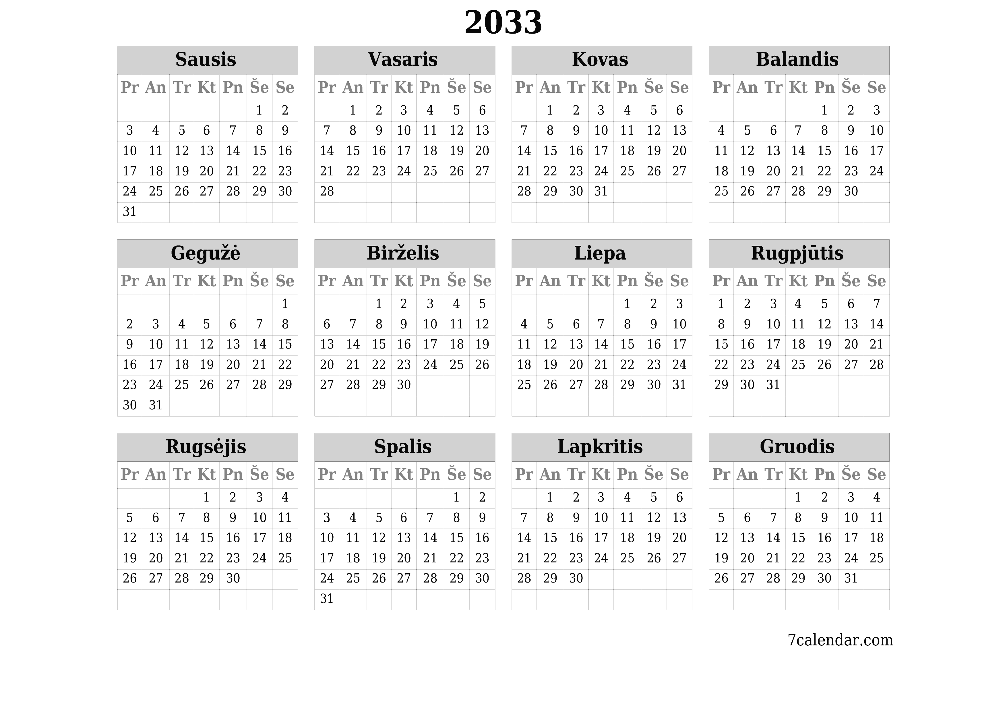 Tuščias metų planavimo kalendorius 2033 su užrašais, išsaugokite ir atsispausdinkite PDF formatu PNG Lithuanian