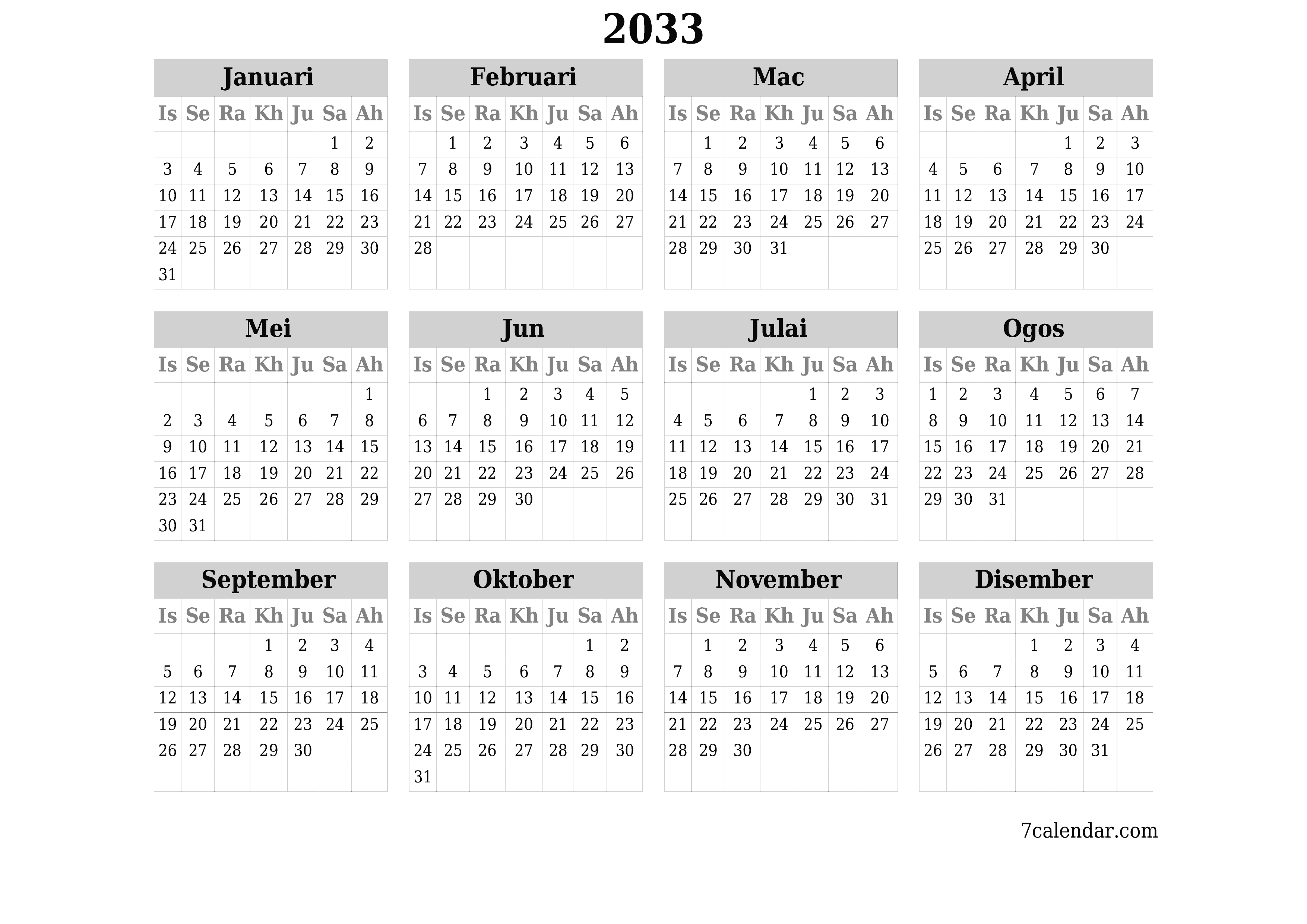 Kalendar perancang tahunan kosong untuk tahun ini 2033 dengan nota, simpan dan cetak ke PDF PNG Malay