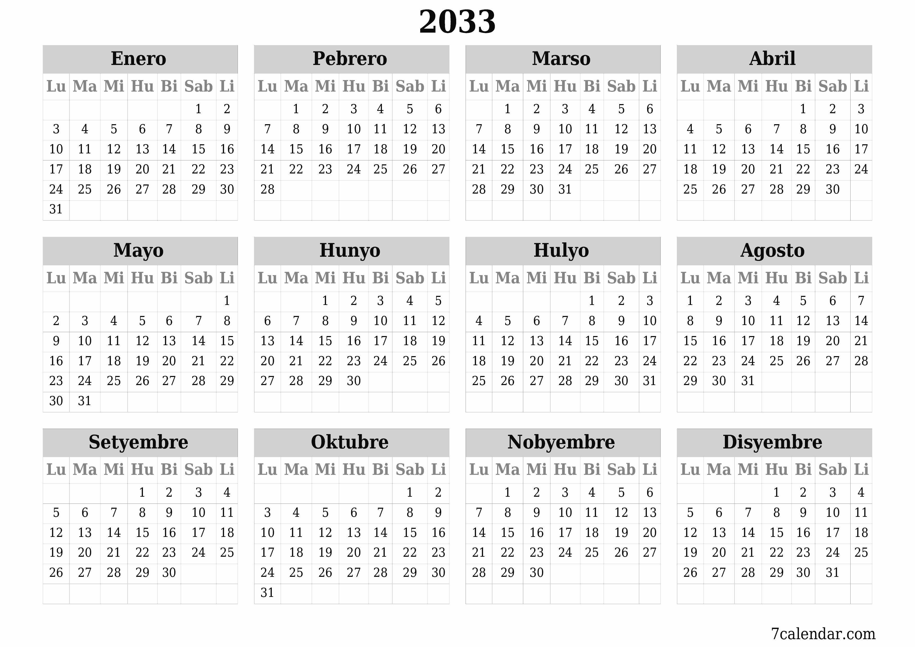 Walang laman ang taunang kalendaryo ng tagaplano para sa taong 2033 na may mga tala, i-save at i-print sa PDF PNG Filipino