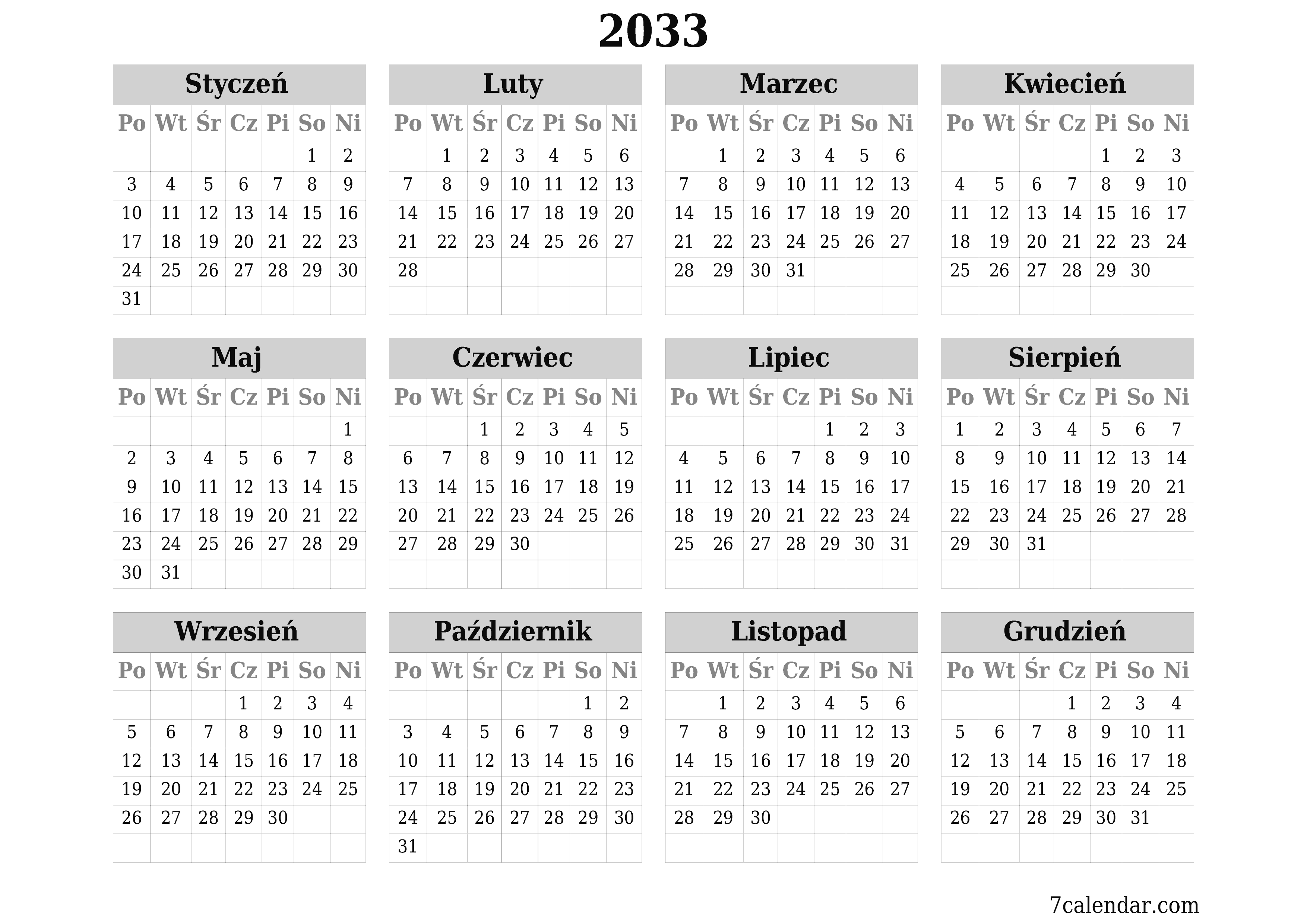 Opróżnij kalendarz rocznego planowania na rok 2033 z notatkami, zapisz i wydrukuj w formacie PDF PNG Polish