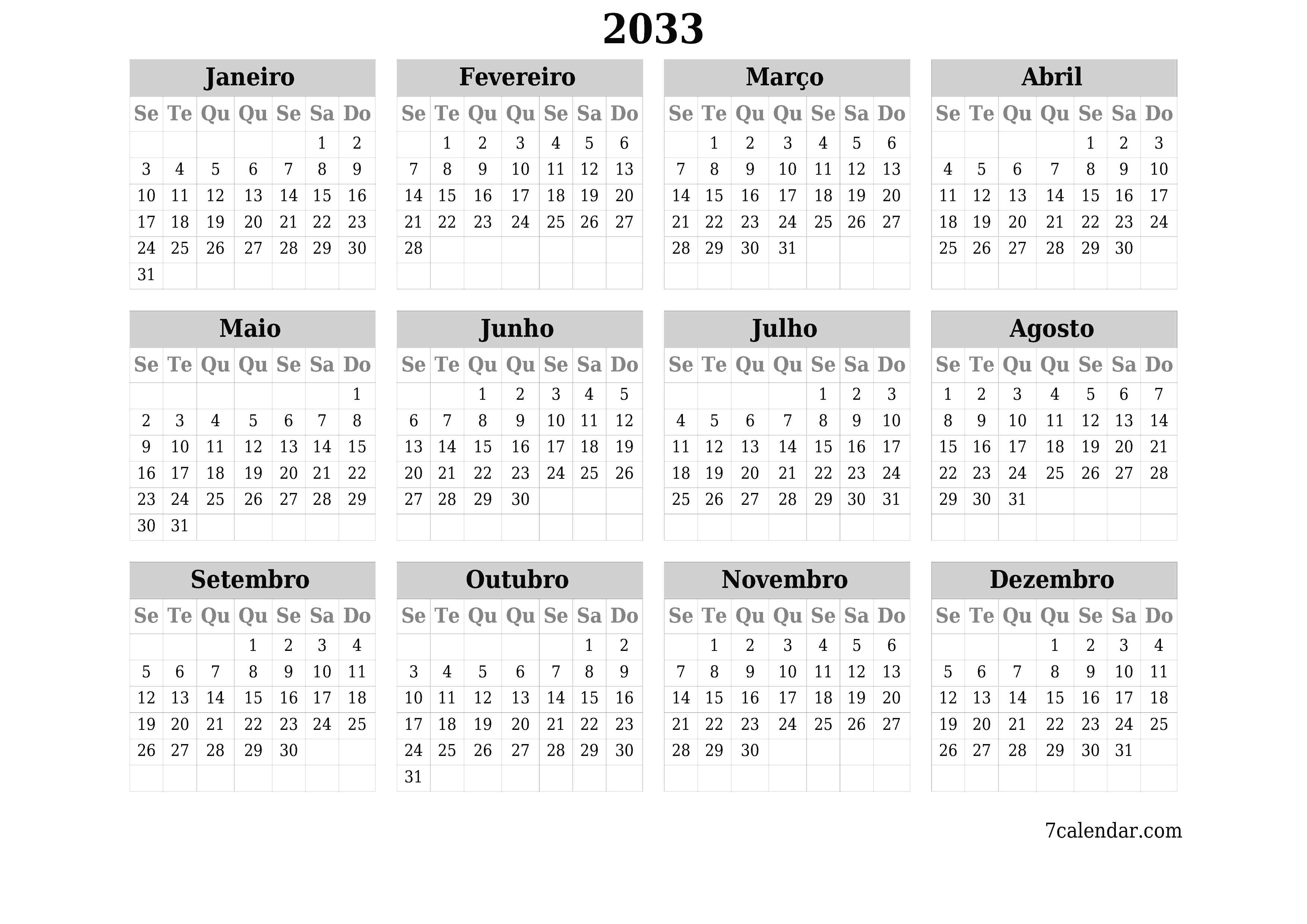 Calendário de planejador anual vazio para o ano 2033 com notas, salve e imprima em PDF PNG Portuguese