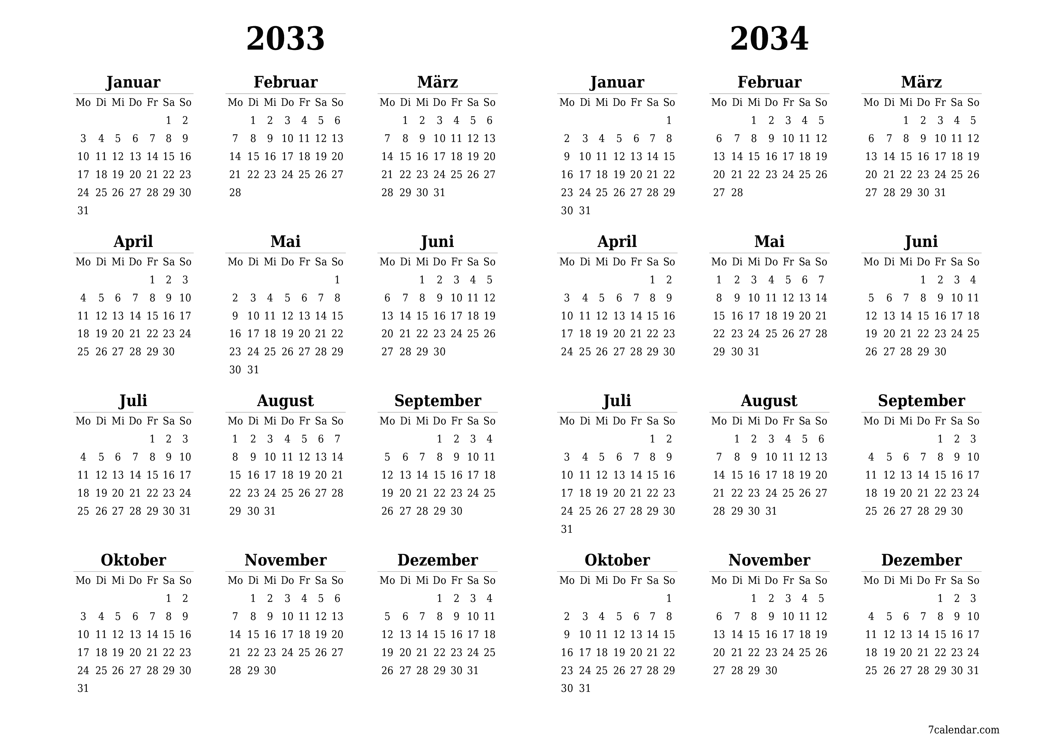 Jahresplanerkalender für das Jahr 2033, 2034 mit Notizen leeren, speichern und als PDF PNG German - 7calendar.com drucken