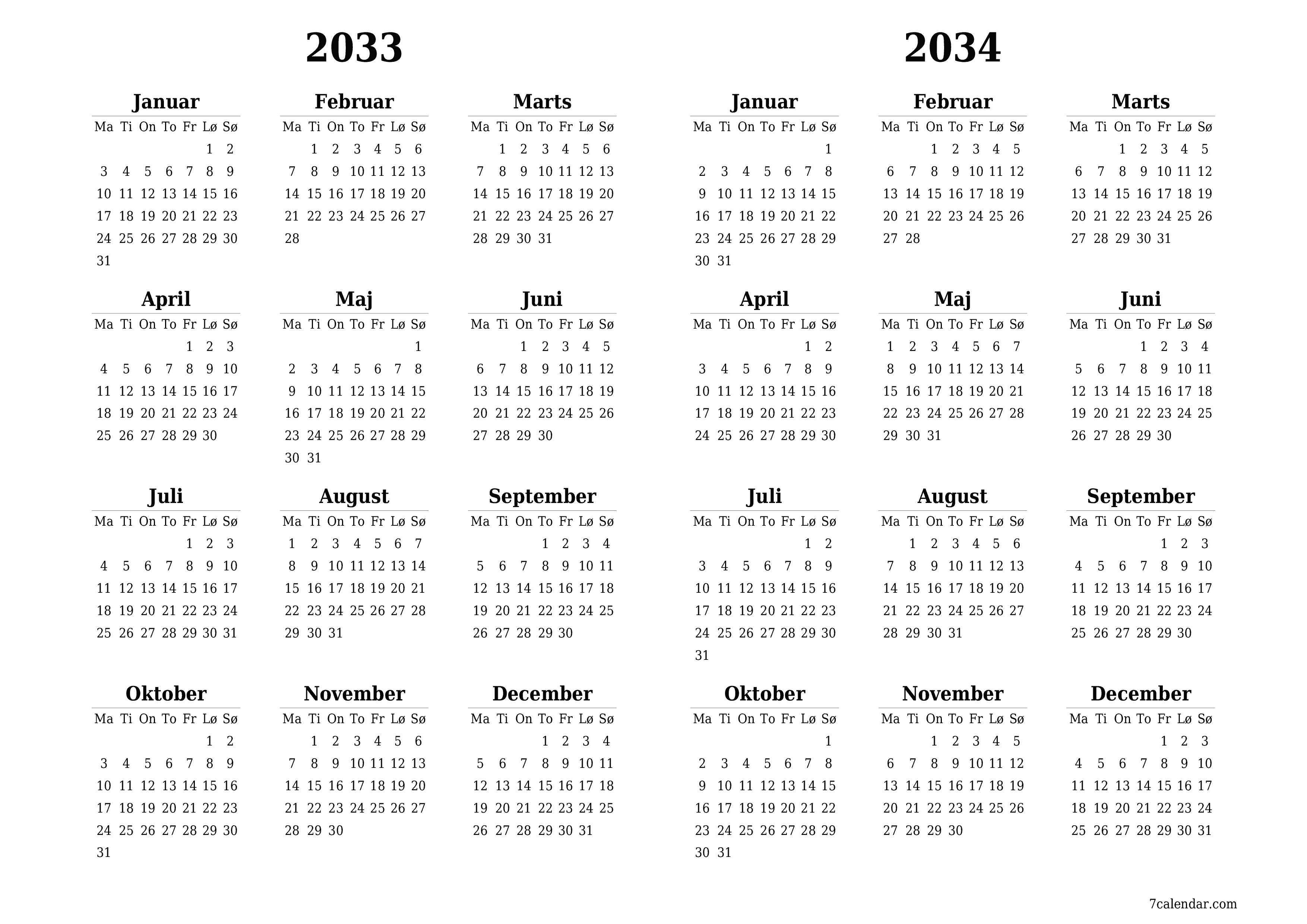 Tom årlig planlægningskalender for året 2033, 2034 med noter, gem og udskriv til PDF PNG Danish