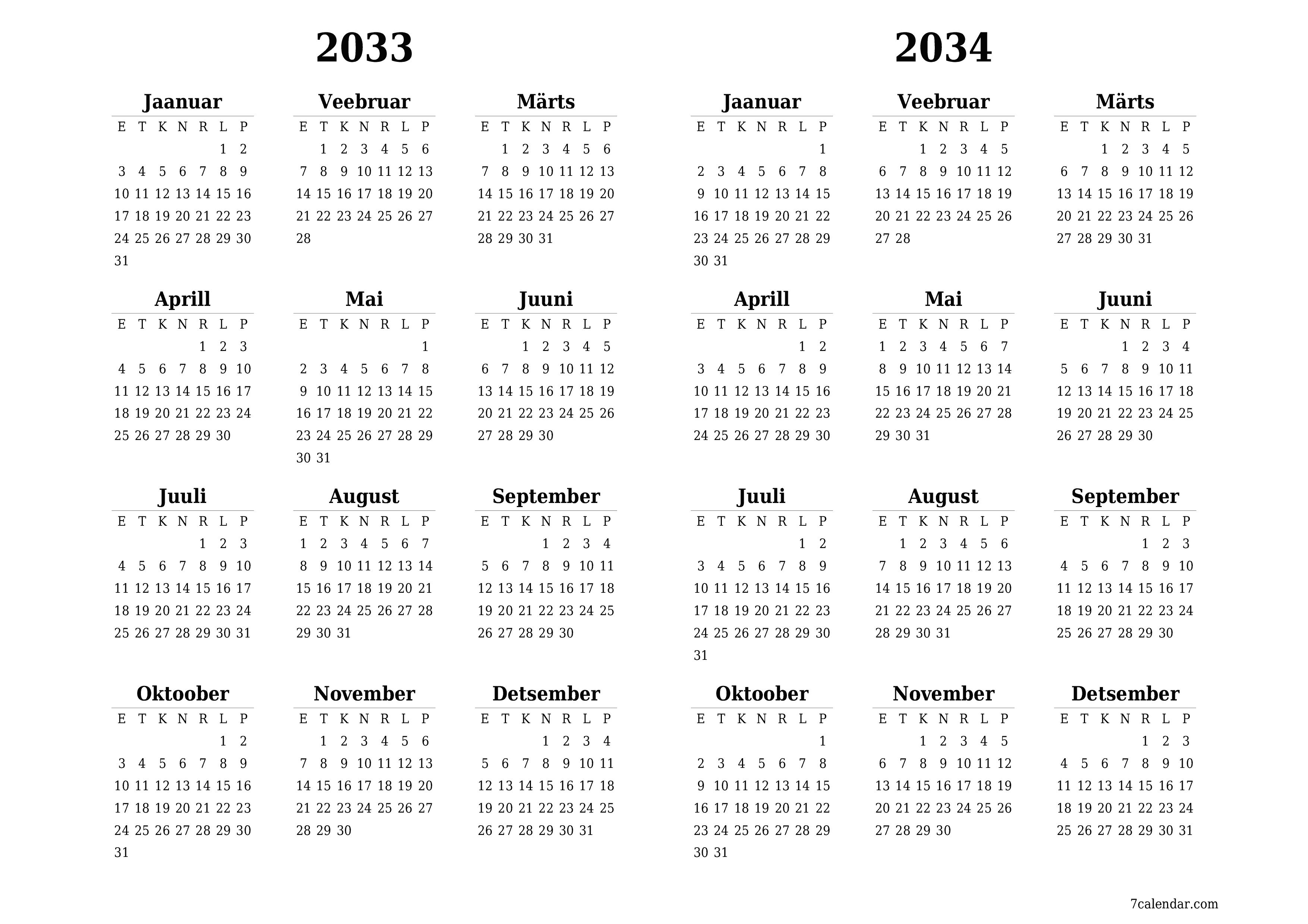 Tühi aasta planeerija kalender aastaks 2033, 2034 koos märkmetega, salvestage ja printige PDF-i PNG Estonian