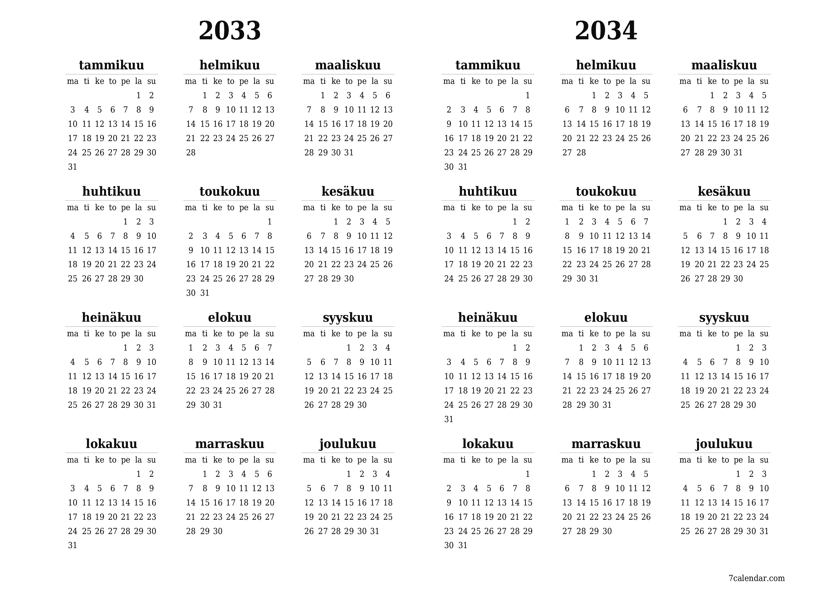 Tyhjä vuosisuunnittelukalenteri vuodelle 2033, 2034 muistiinpanoilla, tallenna ja tulosta PDF-muotoon PNG Finnish