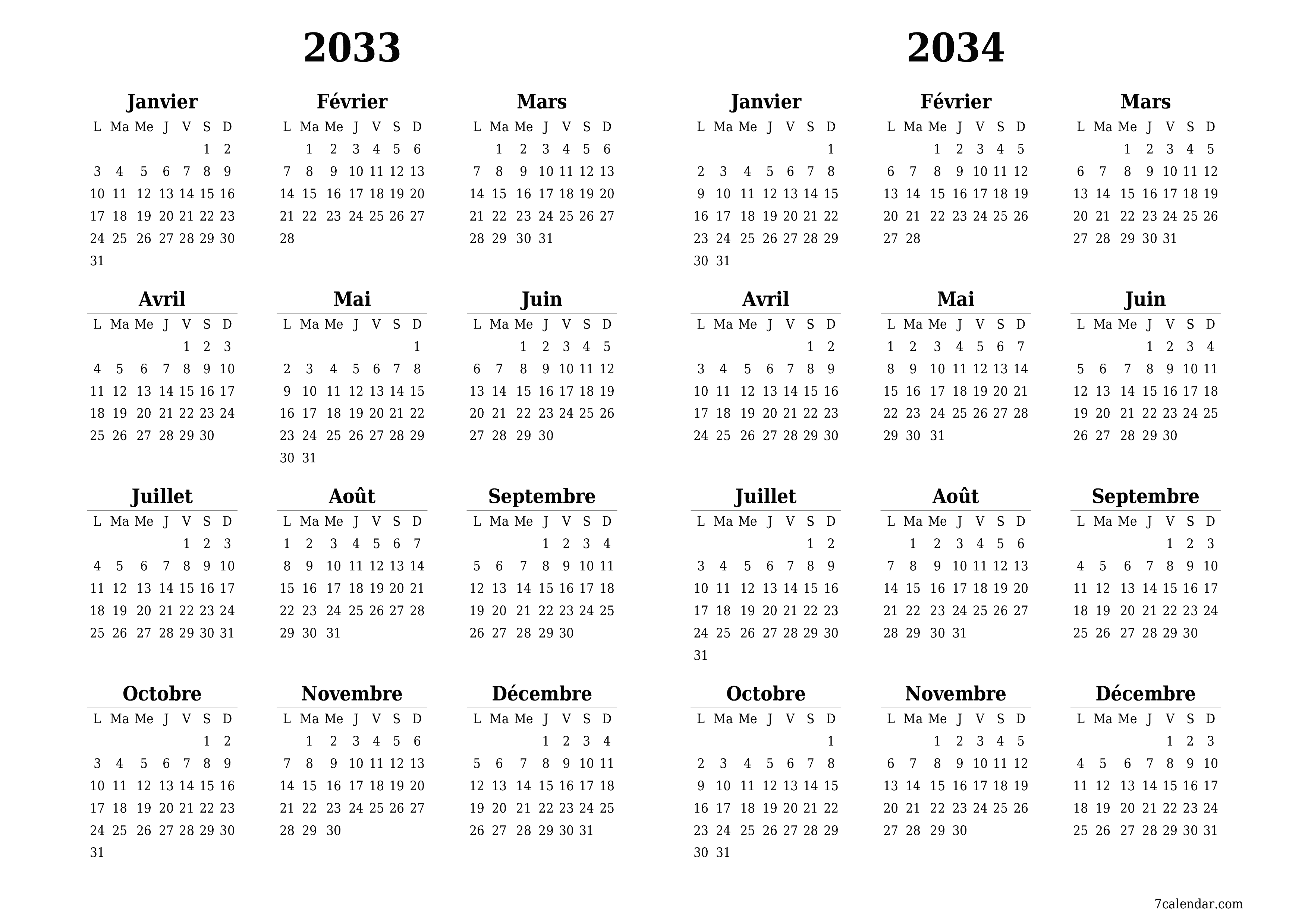 Calendrier annuel vide pour l'année 2033, 2034 avec notes, enregistrer et imprimer au format PDF PNG French