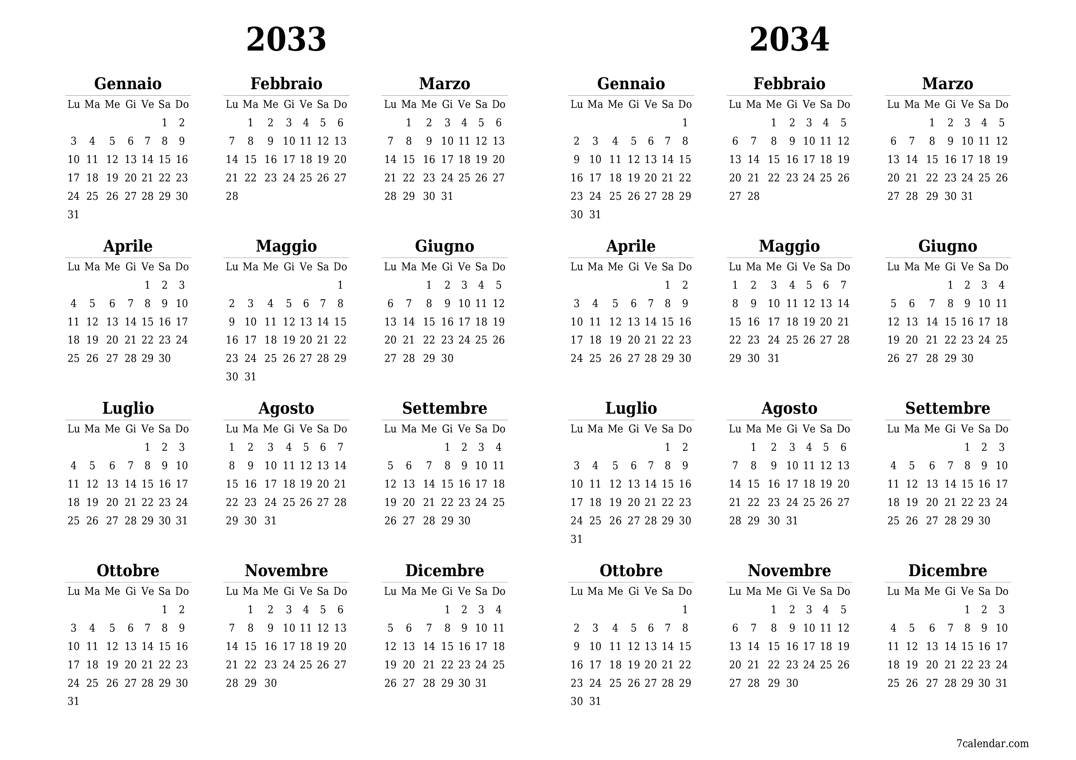 Calendario pianificatore annuale vuoto per l'anno 2033, 2034 con note, salva e stampa in PDF PNG Italian
