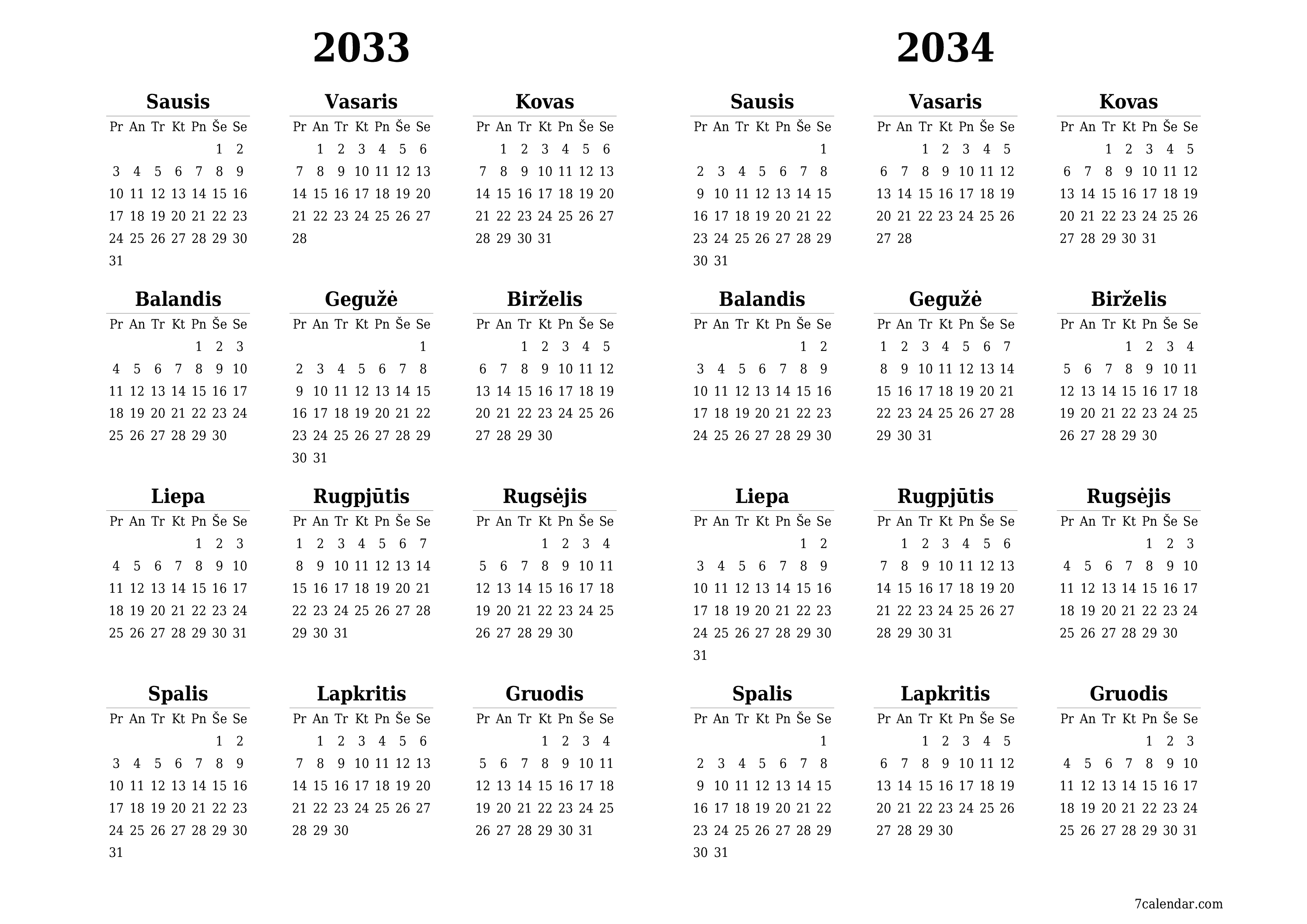 Tuščias metų planavimo kalendorius 2033, 2034 su užrašais, išsaugokite ir atsispausdinkite PDF formatu PNG Lithuanian