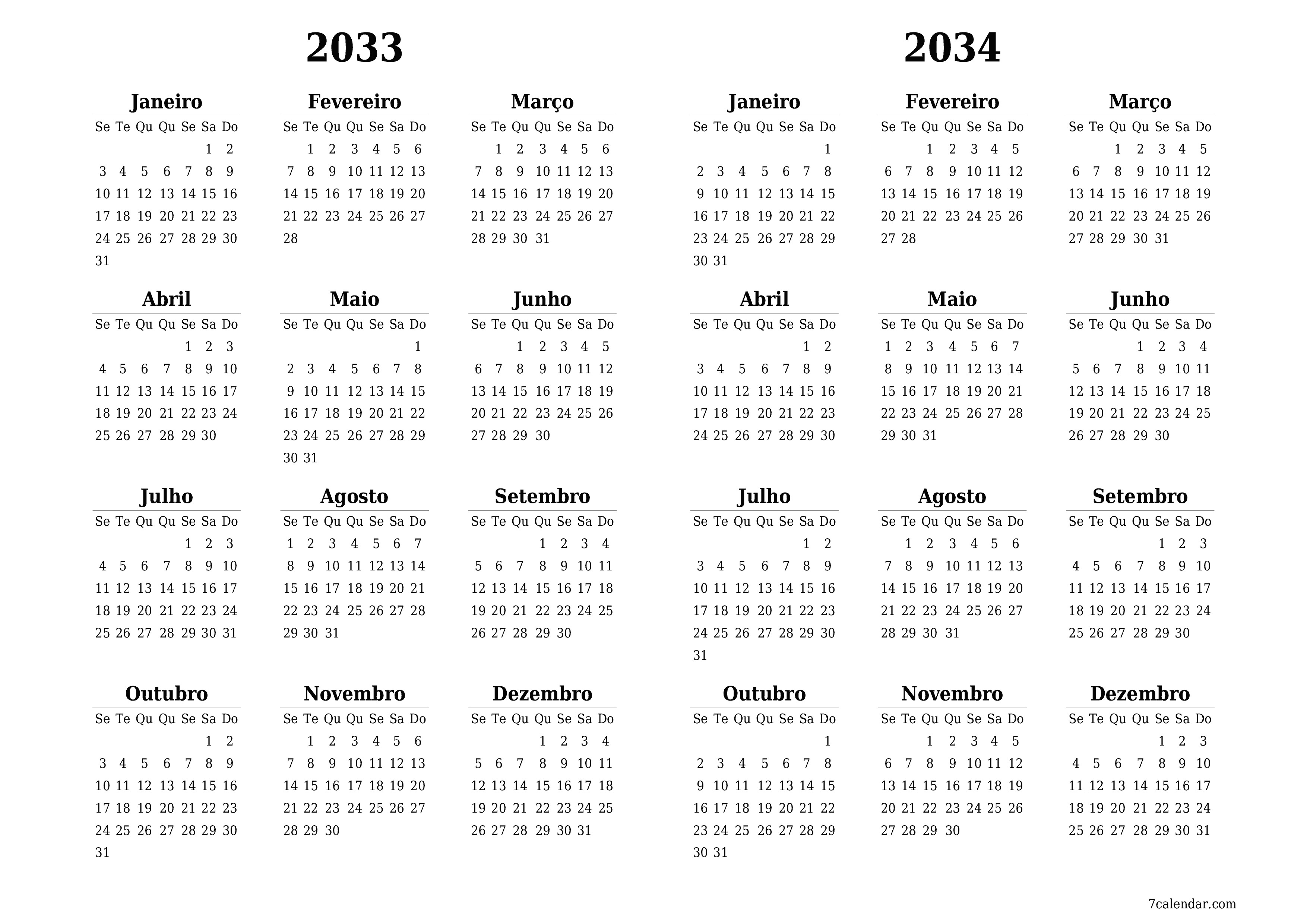 Calendário de planejador anual vazio para o ano 2033, 2034 com notas, salve e imprima em PDF PNG Portuguese