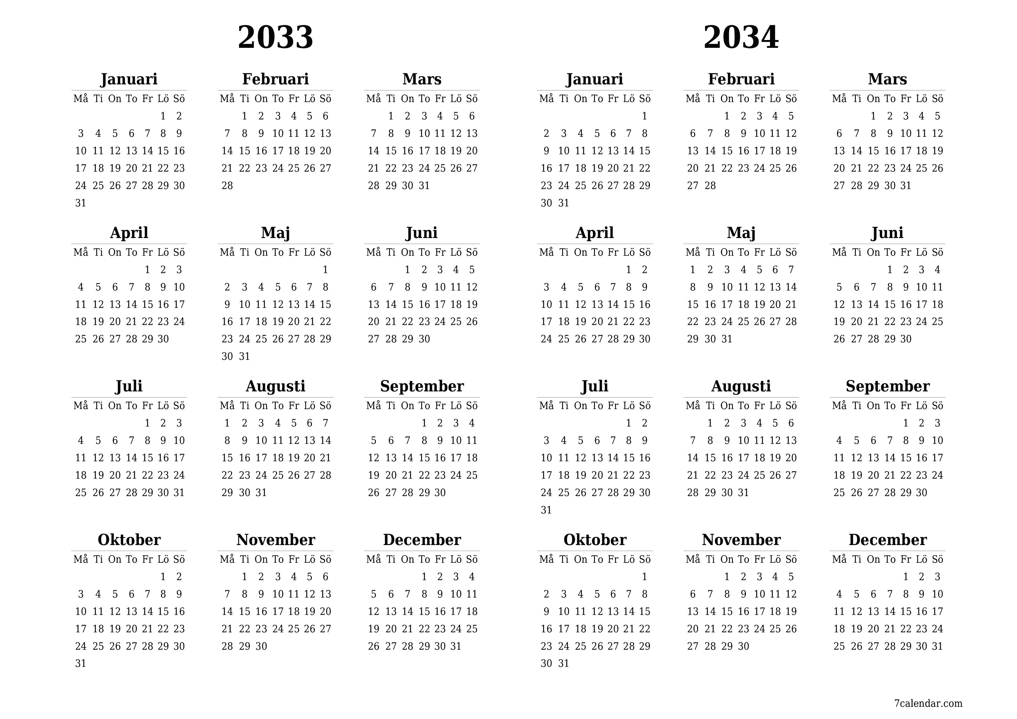 Tom årlig planeringskalender för året 2033, 2034 med anteckningar, spara och skriv ut till PDF PNG Swedish