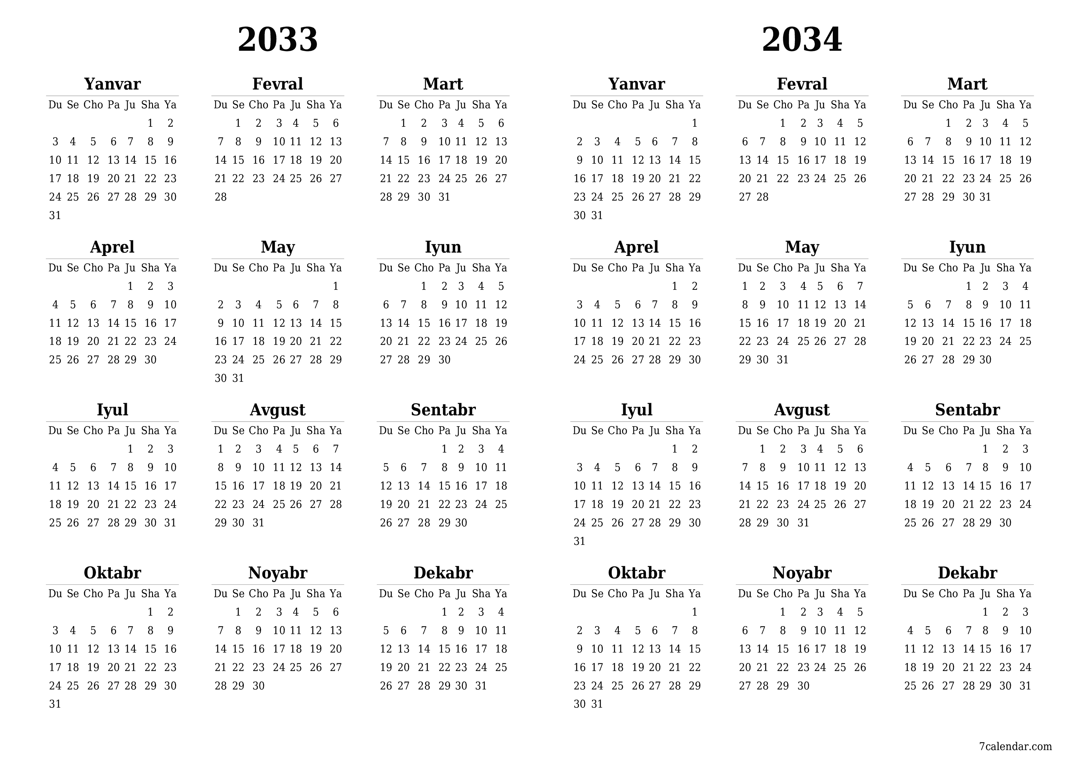 Bo'sh yillik rejalashtiruvchi taqvim 2033, 2034 yil, qaydlar bilan saqlang va PDF-ga chop eting PNG Uzbek