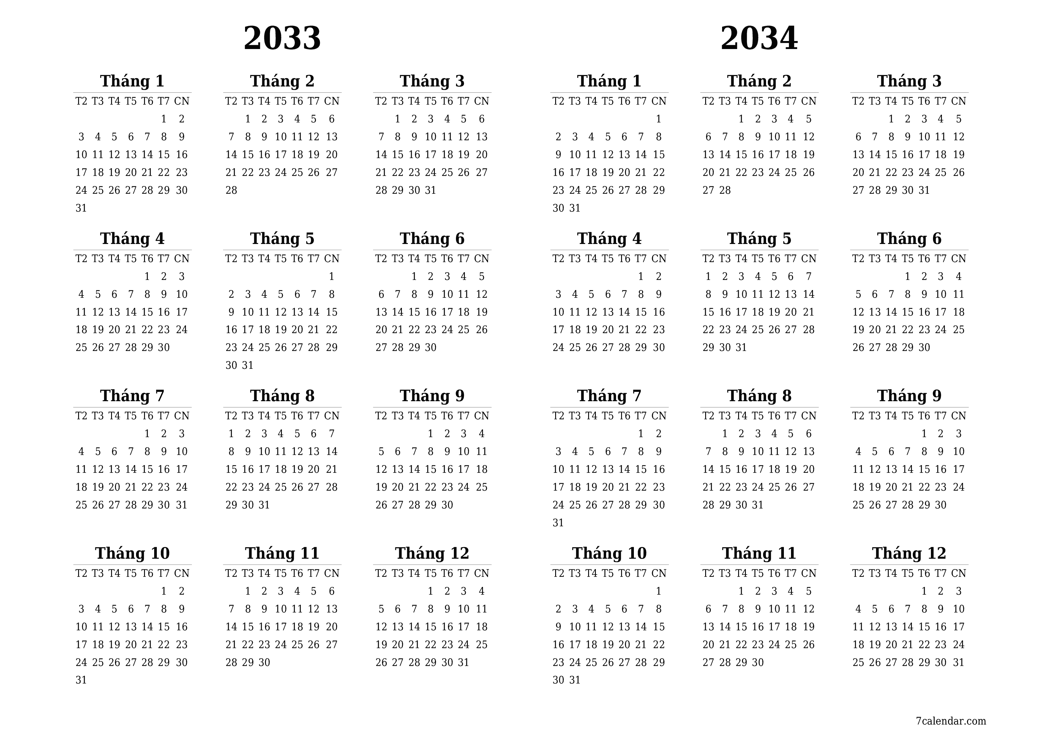 Lịch kế hoạch hàng năm trống cho năm 2033, 2034 có ghi chú, lưu và in sang PDF PNG Vietnamese