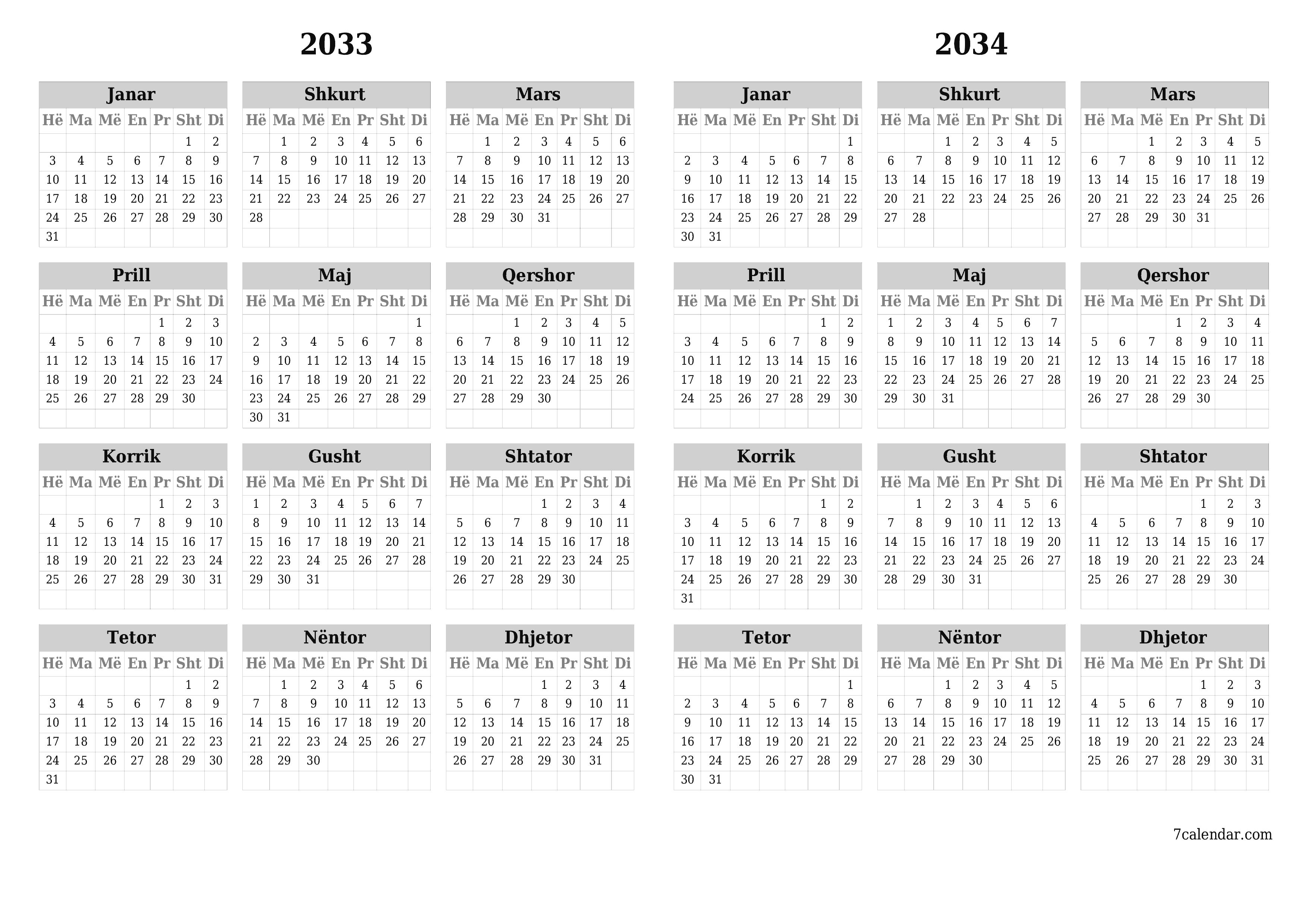 Planifikuesi bosh i kalendarit vjetor për vitin 2033, 2034 me shënime, ruani dhe printoni në PDF PNG Albanian