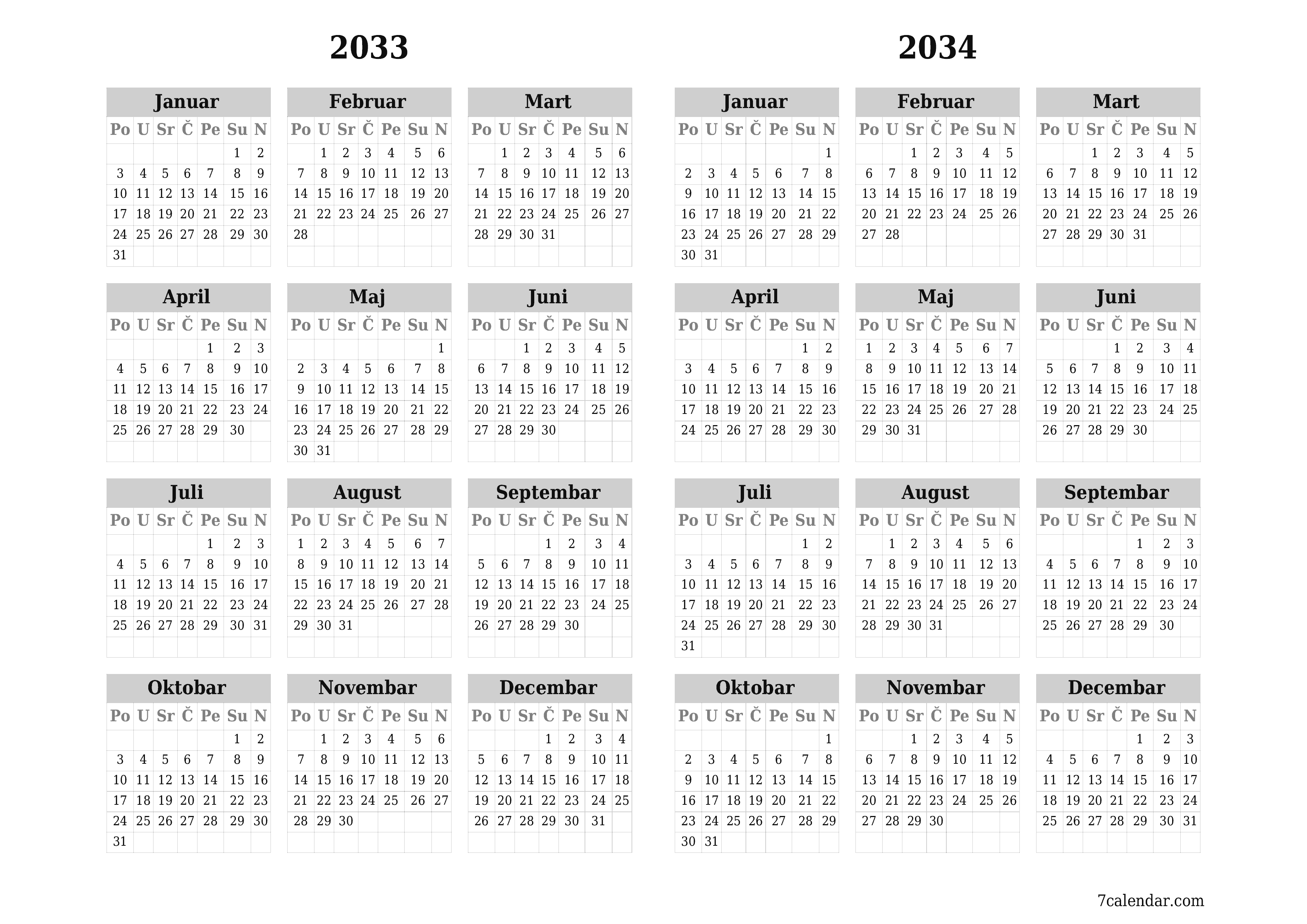 Ispraznite godišnji kalendar planera za godinu 2033, 2034 s bilješkama, spremite i ispišite u PDF PNG Bosnian