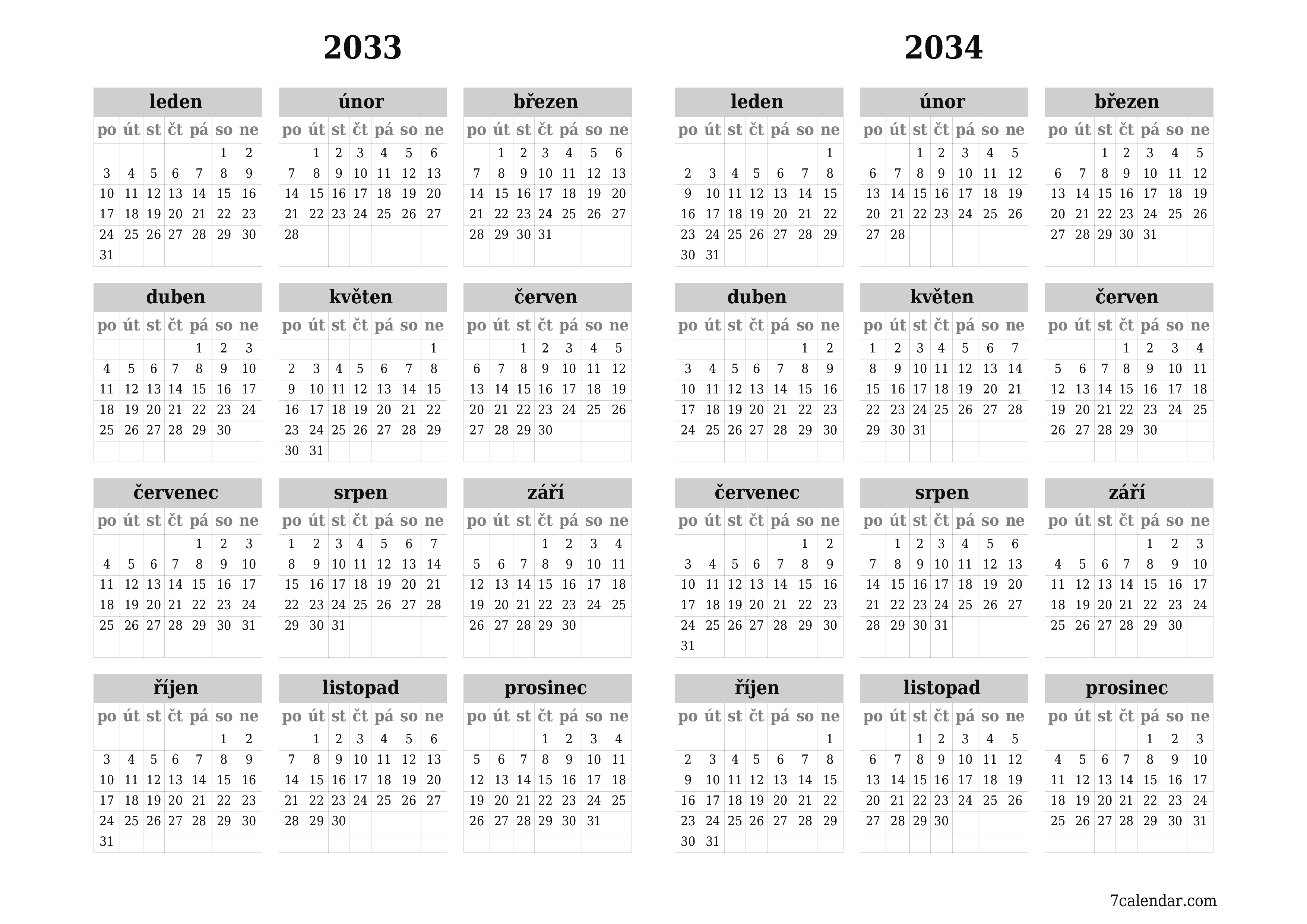 Prázdný roční kalendář plánovače pro rok 2033, 2034 s poznámkami, uložením a tiskem do PDF PNG Czech