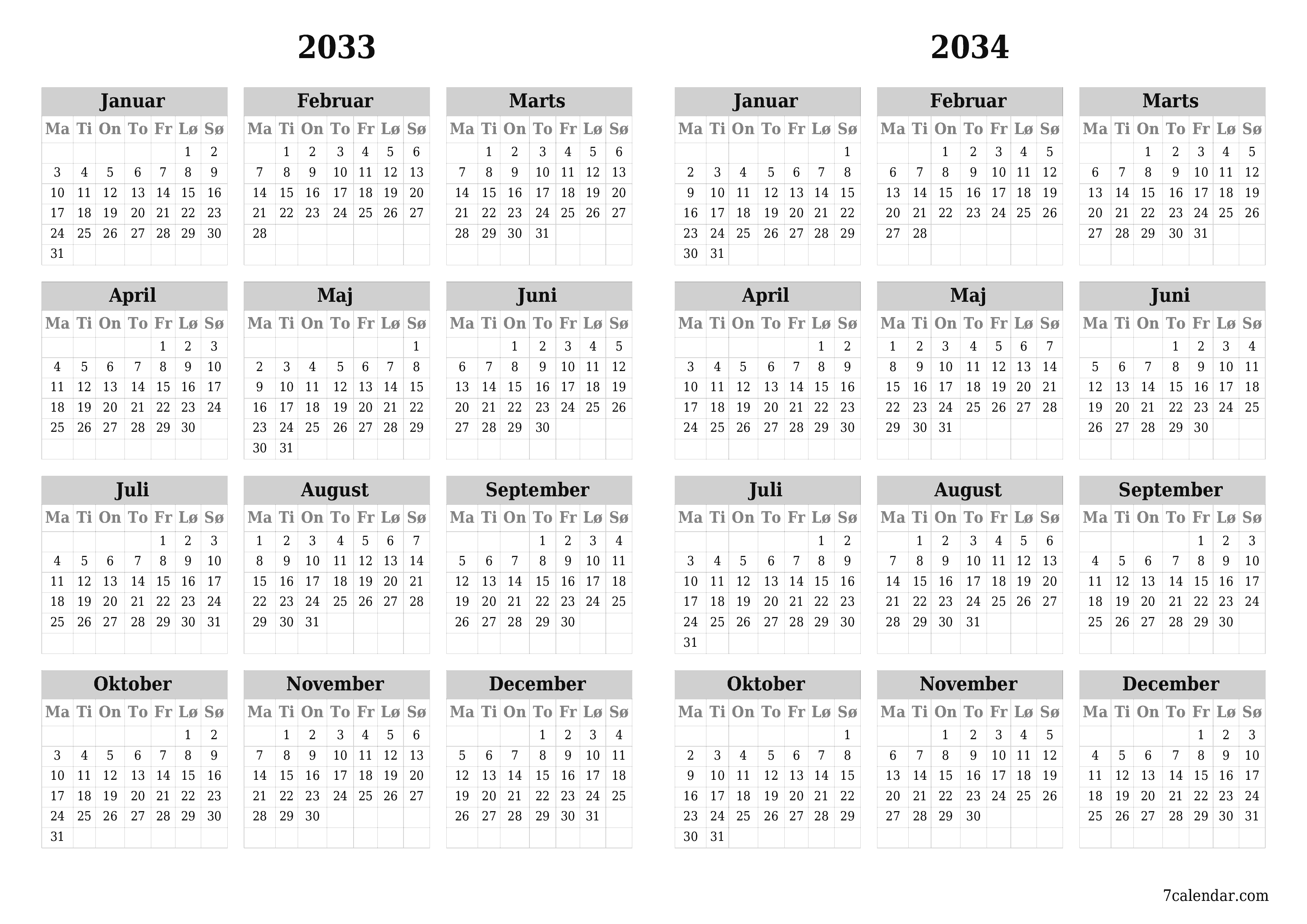 Tom årlig planlægningskalender for året 2033, 2034 med noter, gem og udskriv til PDF PNG Danish