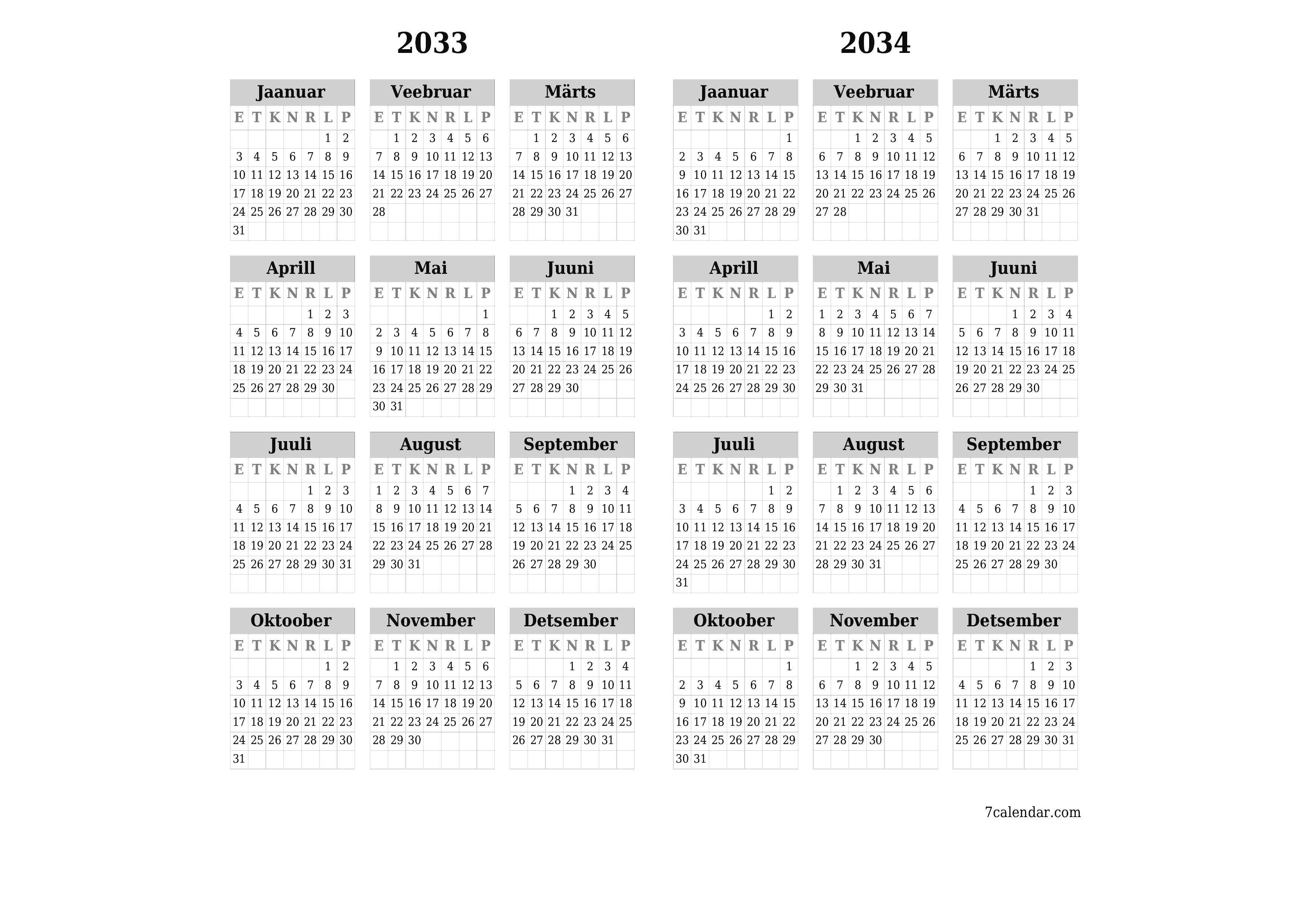 Tühi aasta planeerija kalender aastaks 2033, 2034 koos märkmetega, salvestage ja printige PDF-i PNG Estonian