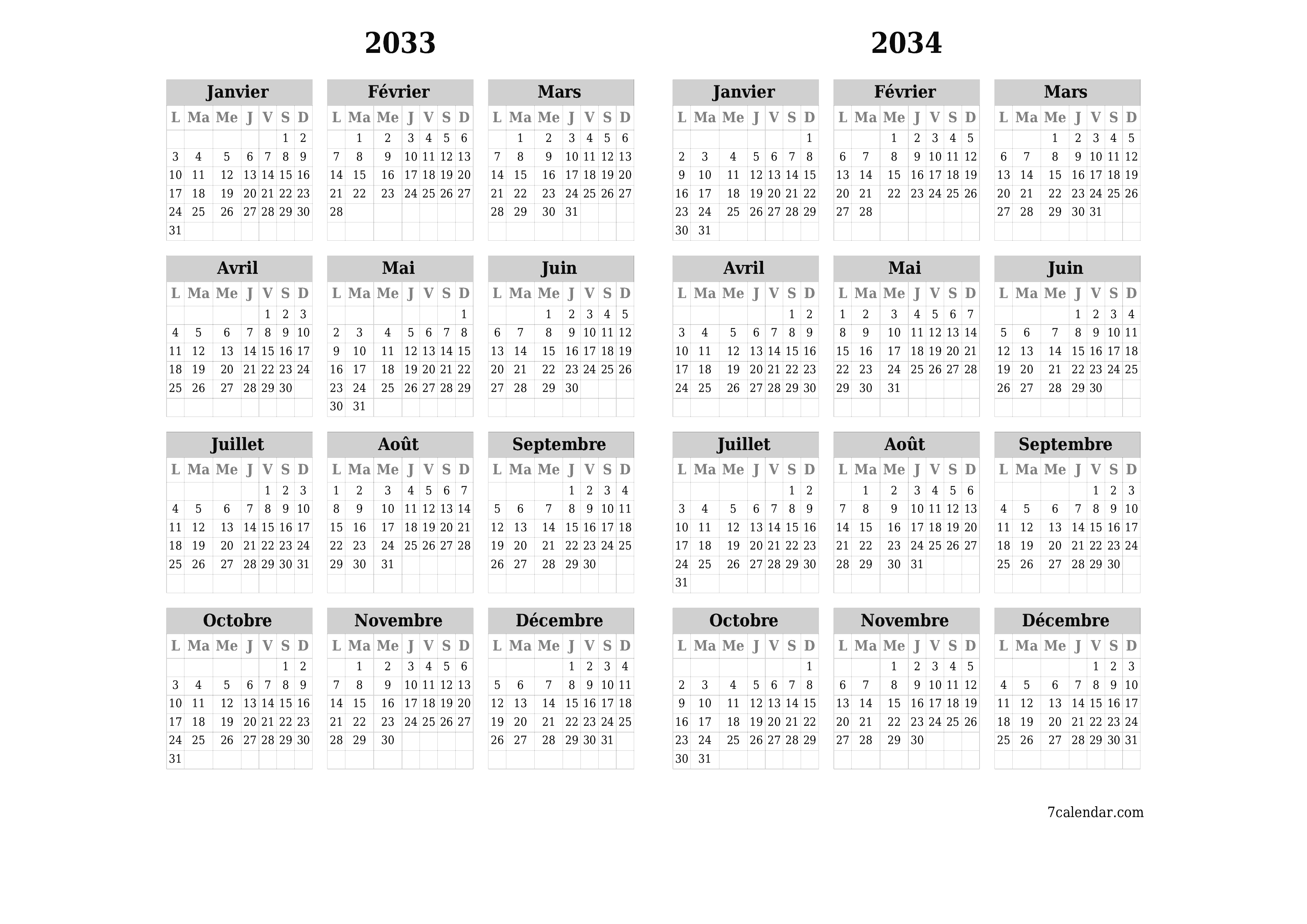 Calendrier annuel vide pour l'année 2033, 2034 avec notes, enregistrer et imprimer au format PDF PNG French