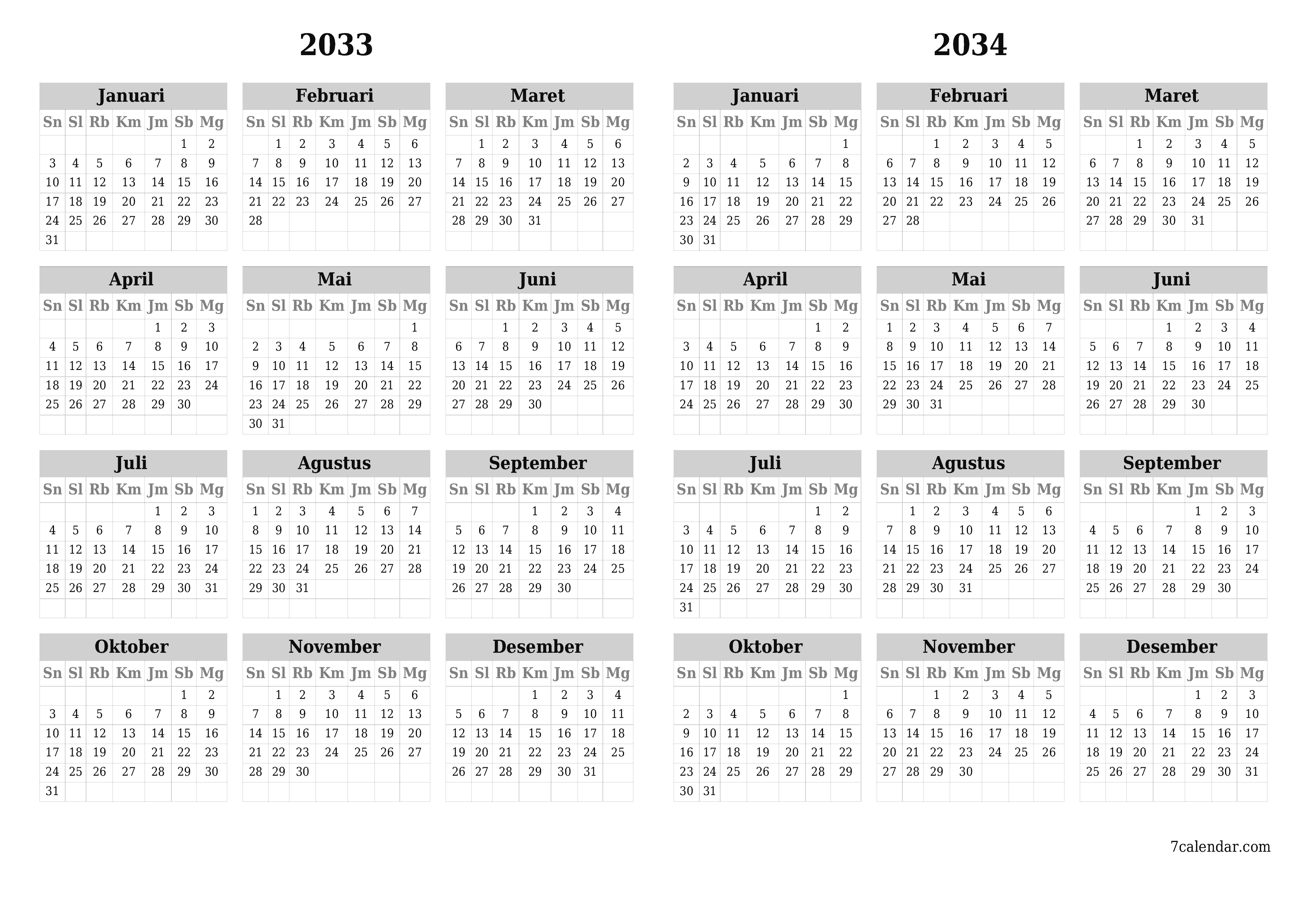 Kosongkan kalender perencana tahunan untuk tahun ini 2033, 2034 dengan catatan, simpan dan cetak ke PDF PNG Indonesian