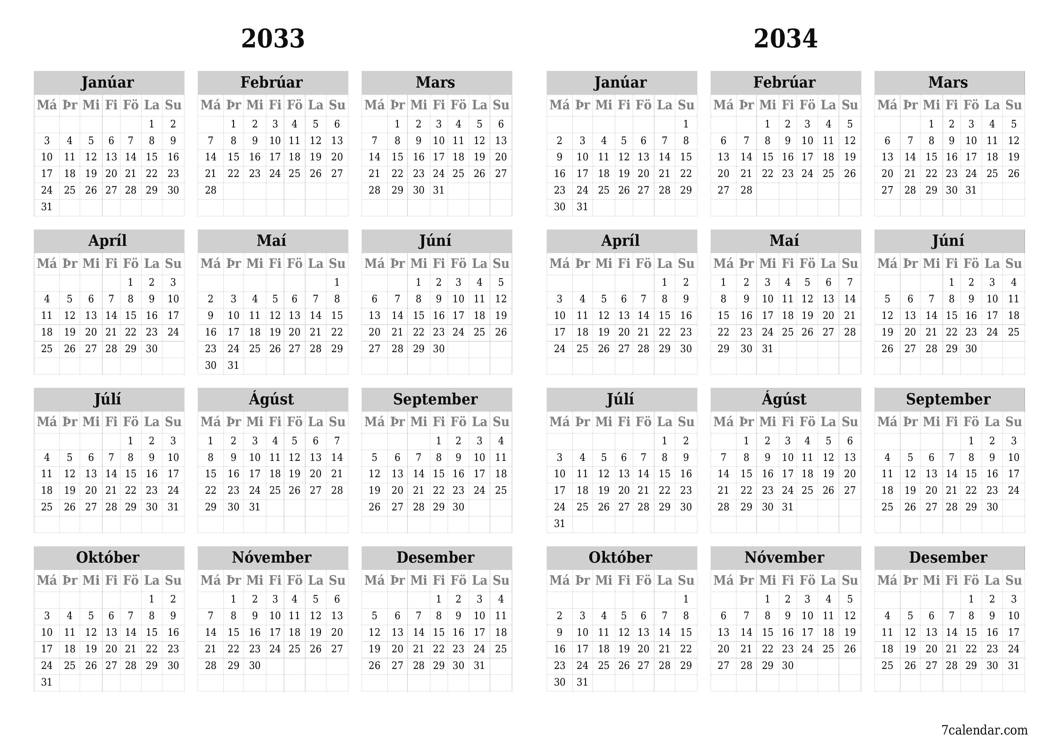 Tómt árlegt dagatal skipuleggjanda fyrir árið 2033, 2034 með athugasemdum, vista og prenta á PDF PNG Icelandic